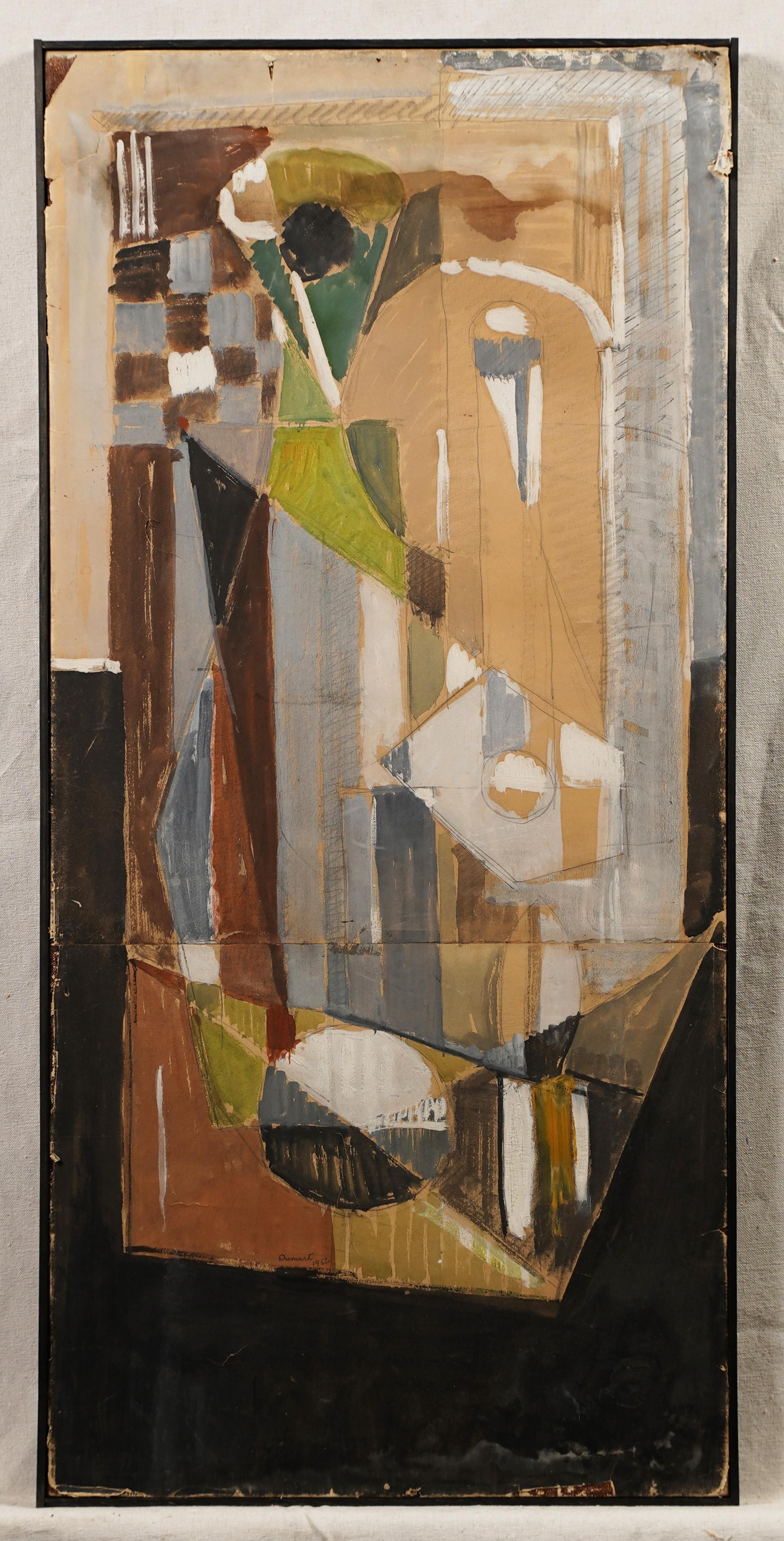 Antique French cubist abstract still life oil painting.  Oil and gouache on paper.  Framed.  Signed Image size, 19L x 42H.