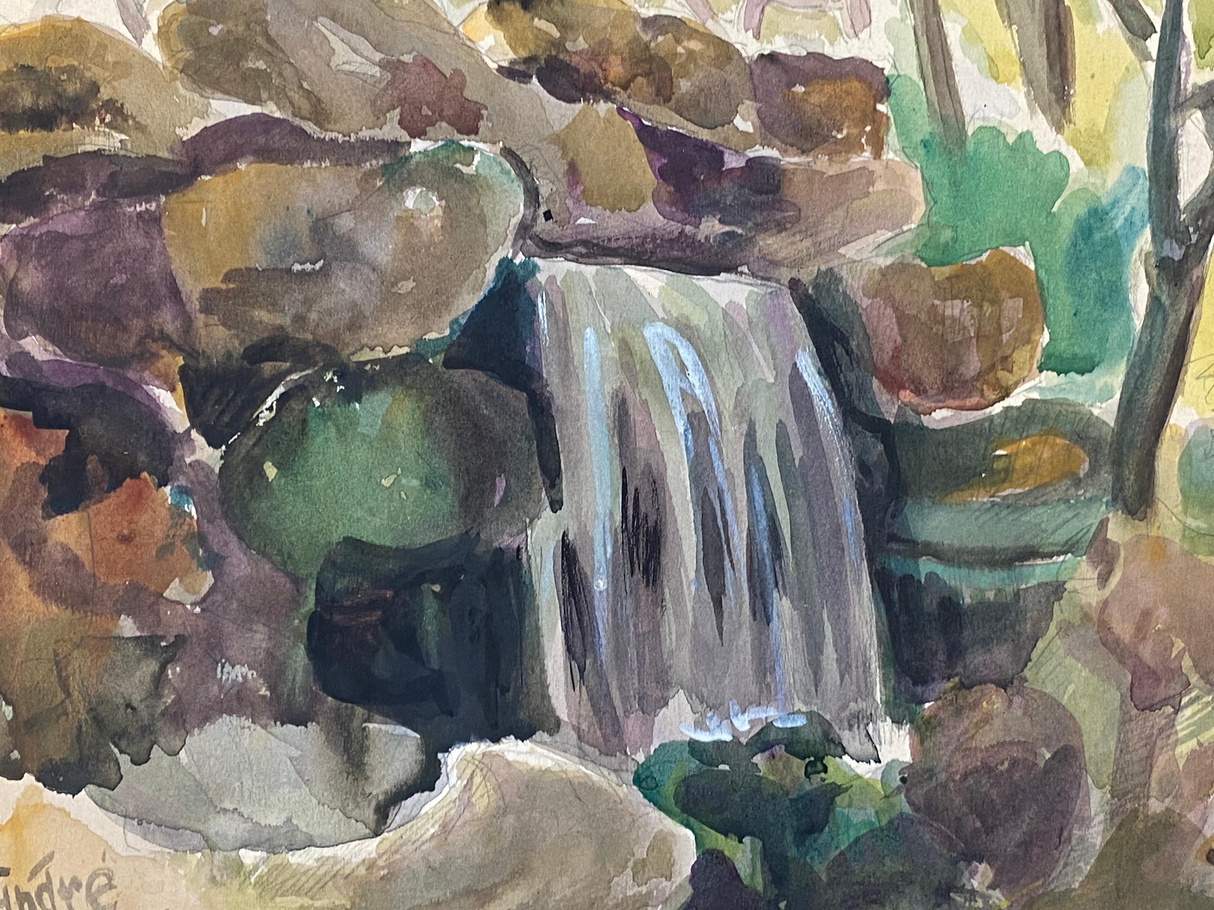 Paysage forestier français signé, belle cascade rocheuse - Painting de Unknown