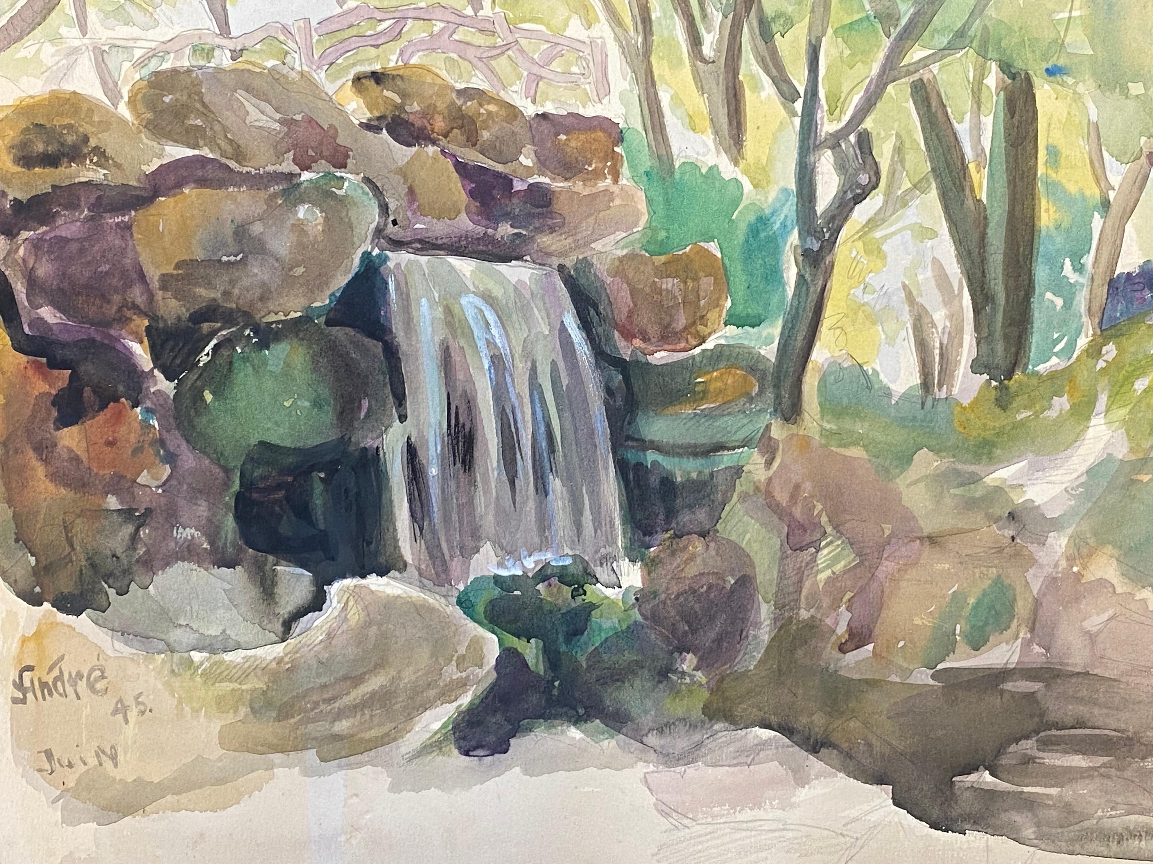 Paysage forestier français signé, belle cascade rocheuse - Marron Landscape Painting par Unknown