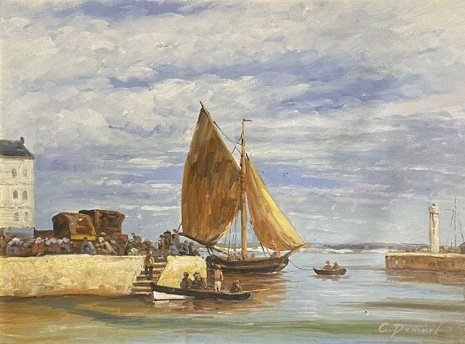 SIGNED FRENCH IMPRESSIONIST OIL PAINTING - FISHING BOATS IN HONFLEUR HARBOUR For Sale 5