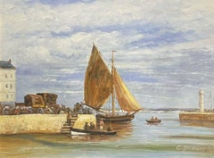SIGNED FRENCH IMPRESSIONIST OIL PAINTING - FISHING BOATS IN HONFLEUR HARBOUR