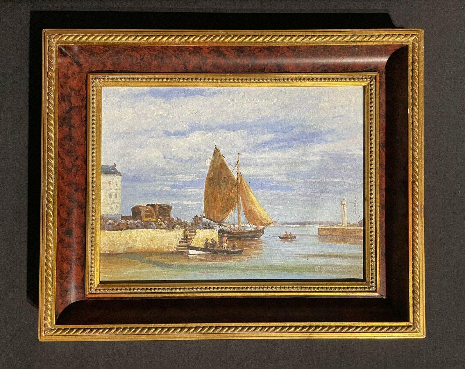 SIGNED FRENCH IMPRESSIONIST OIL PAINTING - FISHING BOATS IN HONFLEUR HARBOUR - Brown Landscape Painting by Unknown