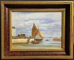 Vintage SIGNED FRENCH IMPRESSIONIST OIL PAINTING - FISHING BOATS IN HONFLEUR HARBOUR