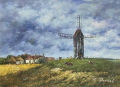 SIGNED FRENCH IMPRESSIONIST OIL PAINTING - WINDMILL IN RURAL FARM LANDSCAPE