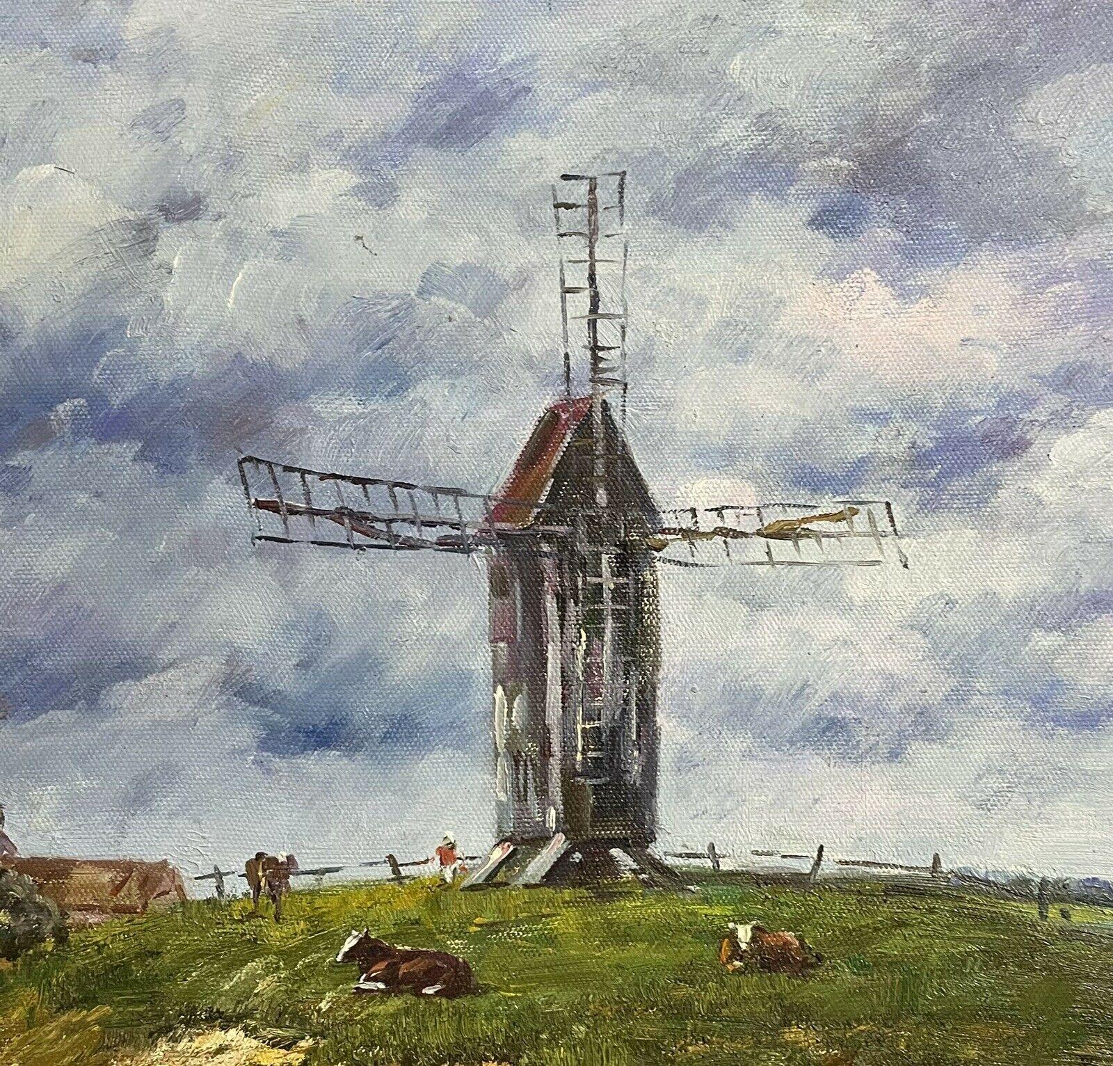 SIGNED FRENCH IMPRESSIONIST OIL PAINTING - WINDMILL IN RURAL FARM LANDSCAPE - Impressionist Painting by Unknown