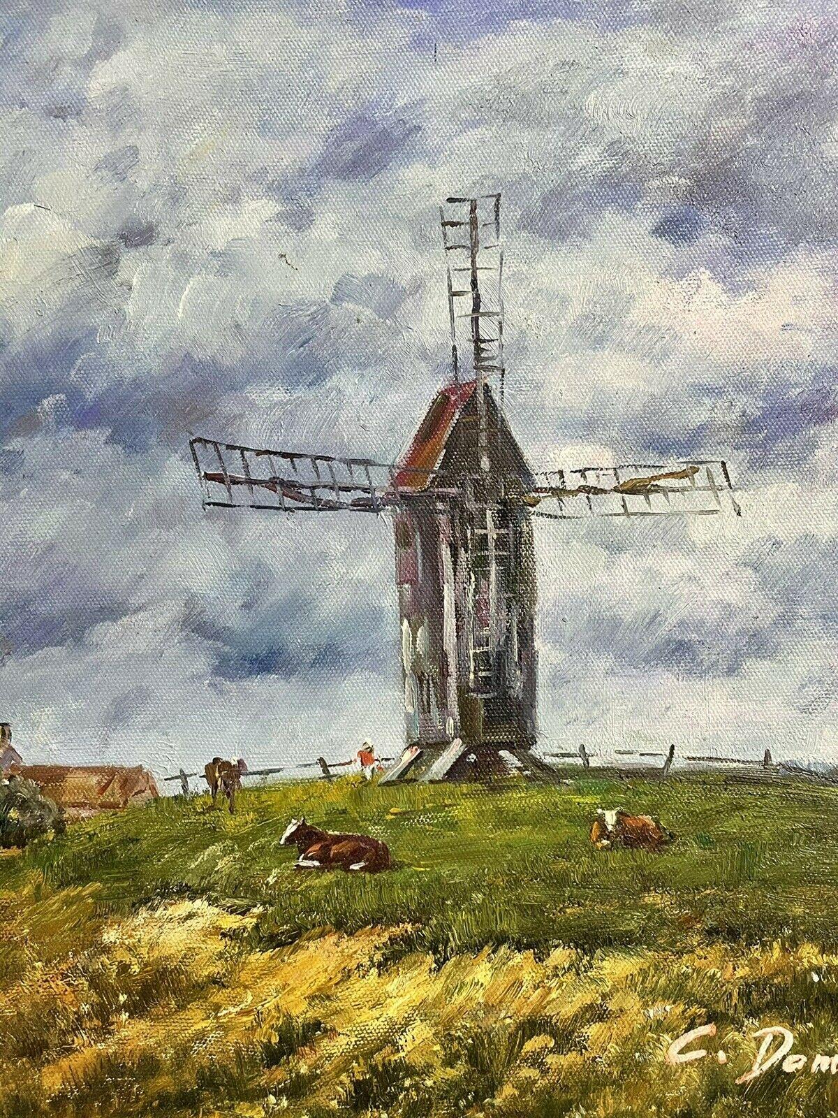 SIGNED FRENCH IMPRESSIONIST OIL PAINTING - WINDMILL IN RURAL FARM LANDSCAPE - Brown Landscape Painting by Unknown