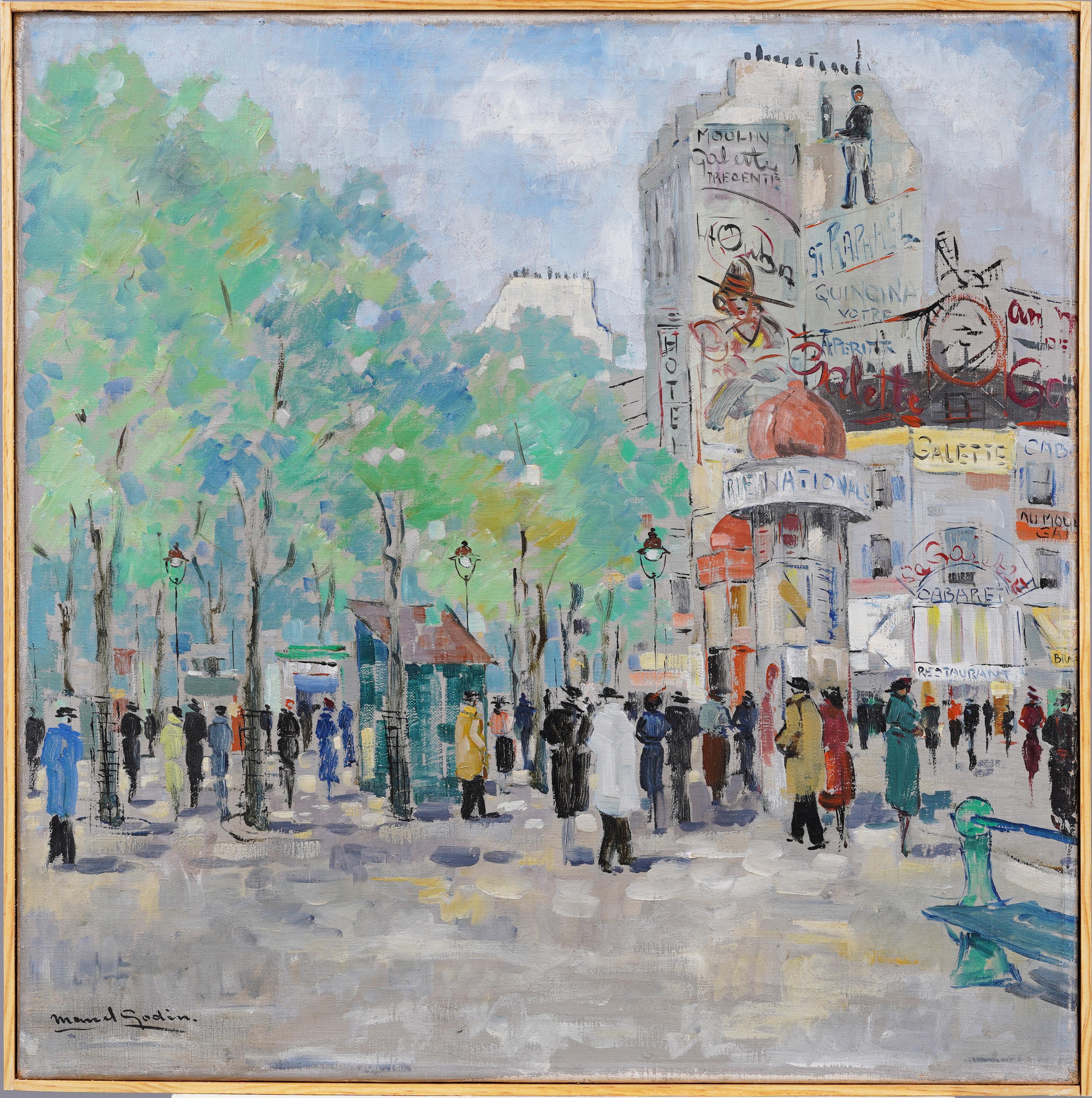 Unknown Abstract Painting – Signiertes französisches impressionistisches Pariser Straßenszene-Gemälde, gerahmte Sommerlandschaft, signiert