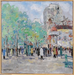 Peinture de paysage d'été encadrée d'une scène de rue de Paris impressionniste française signée