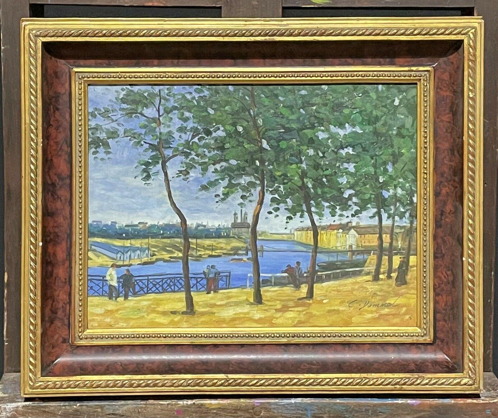 SIGNED FRENCH IMPRESSIONST OIL PAINTING - FIGURES OVERLOOKING CITY BY RIVER - Painting by Unknown