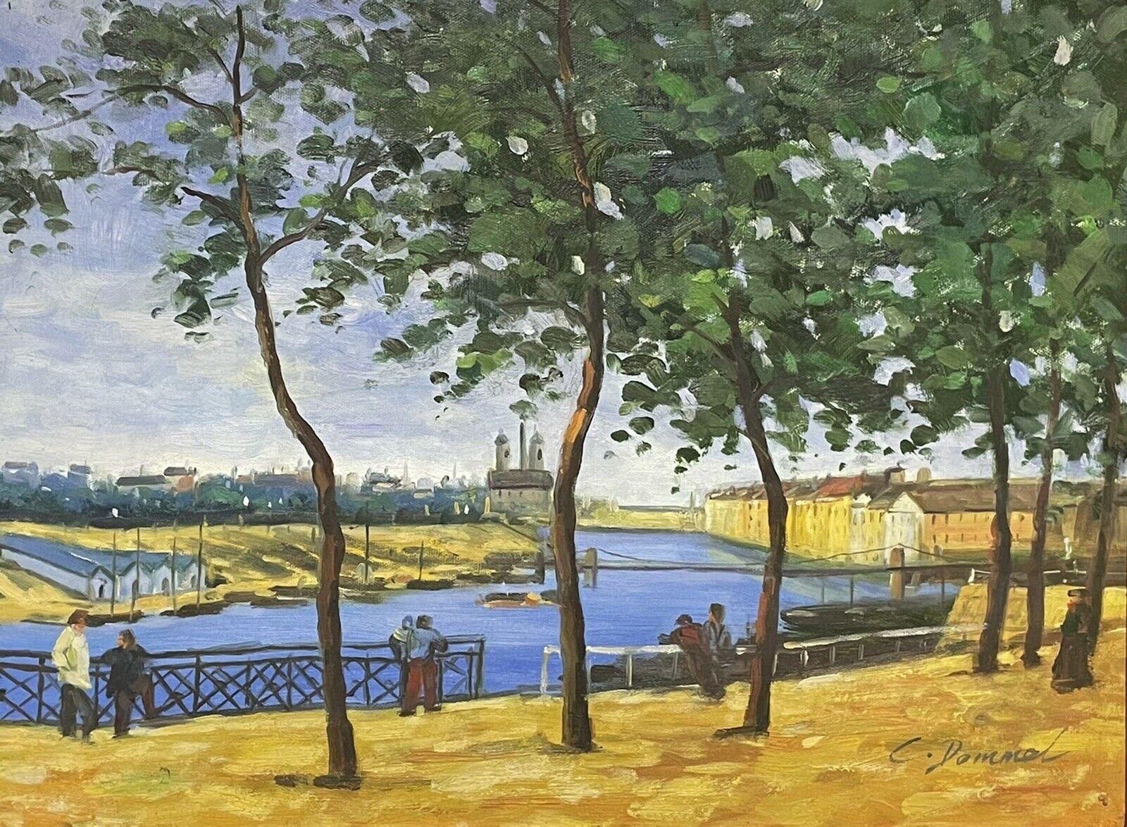 Unknown Figurative Painting - SIGNED FRENCH IMPRESSIONST OIL PAINTING - FIGURES OVERLOOKING CITY BY RIVER