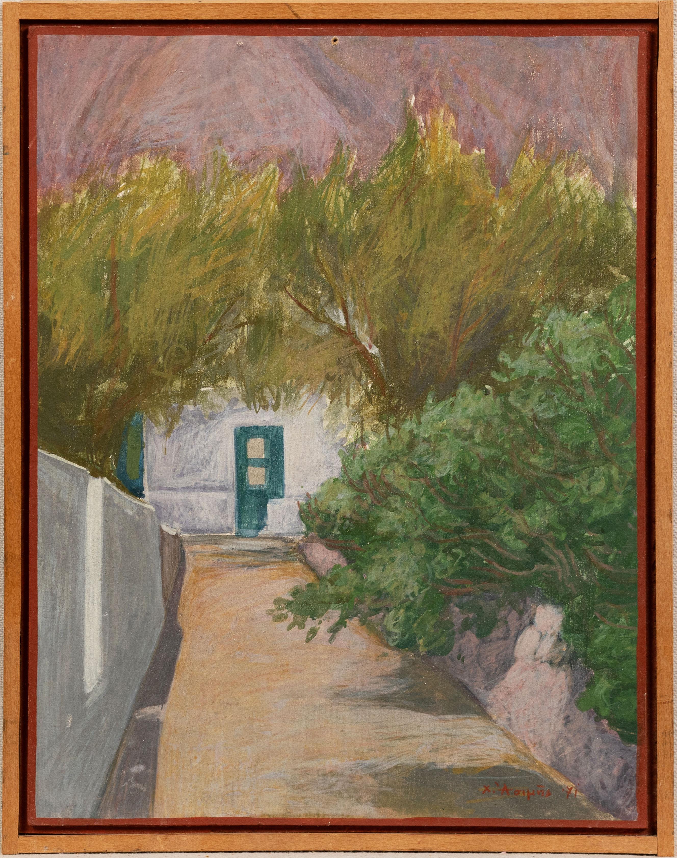 Paisaje de cipreses impresionista griego firmado Pintura al óleo original enmarcada - Painting de Unknown