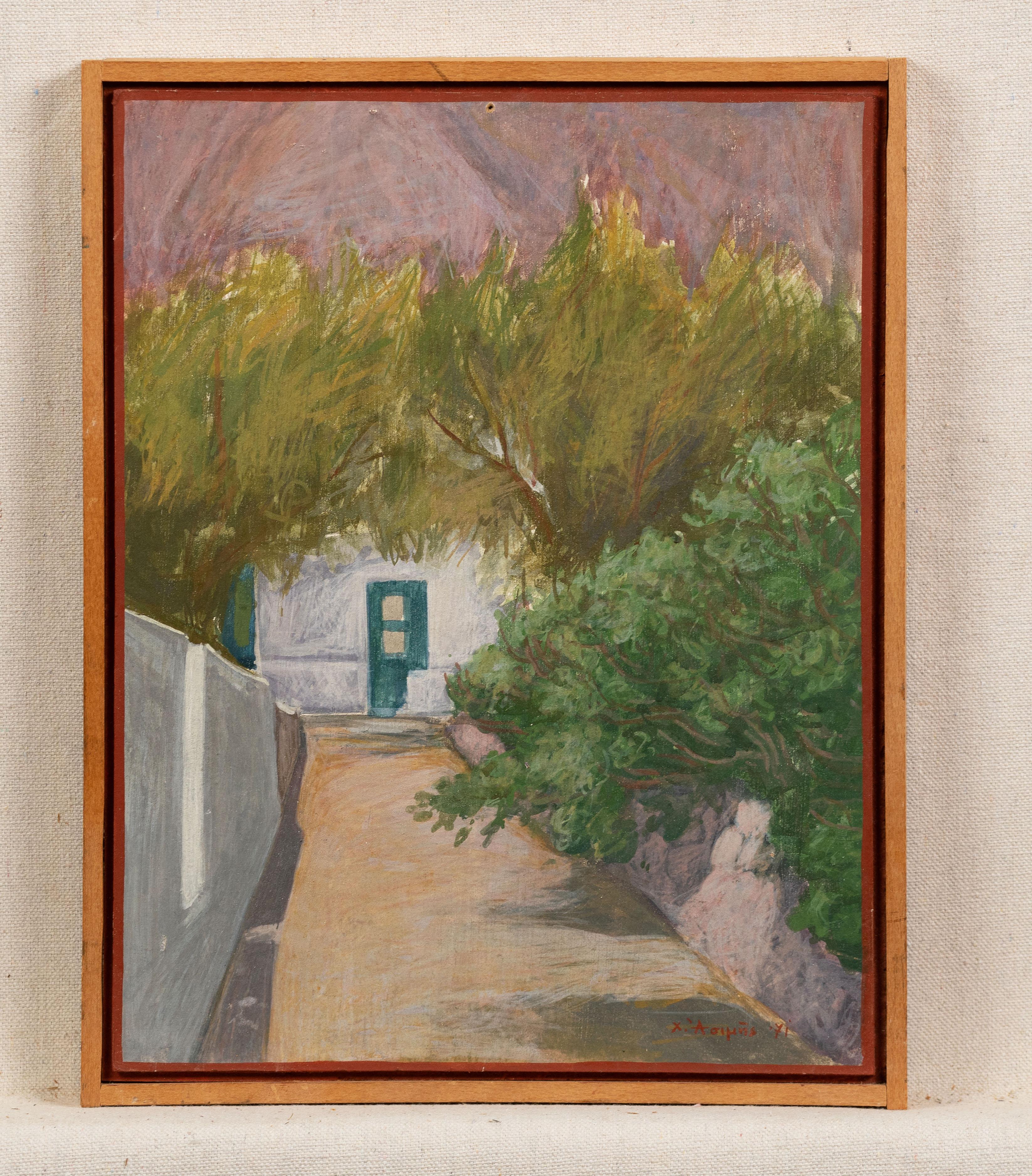 Vintage greek impressionist landscape oil painting.  Oil on board.  Framed.   Signed.