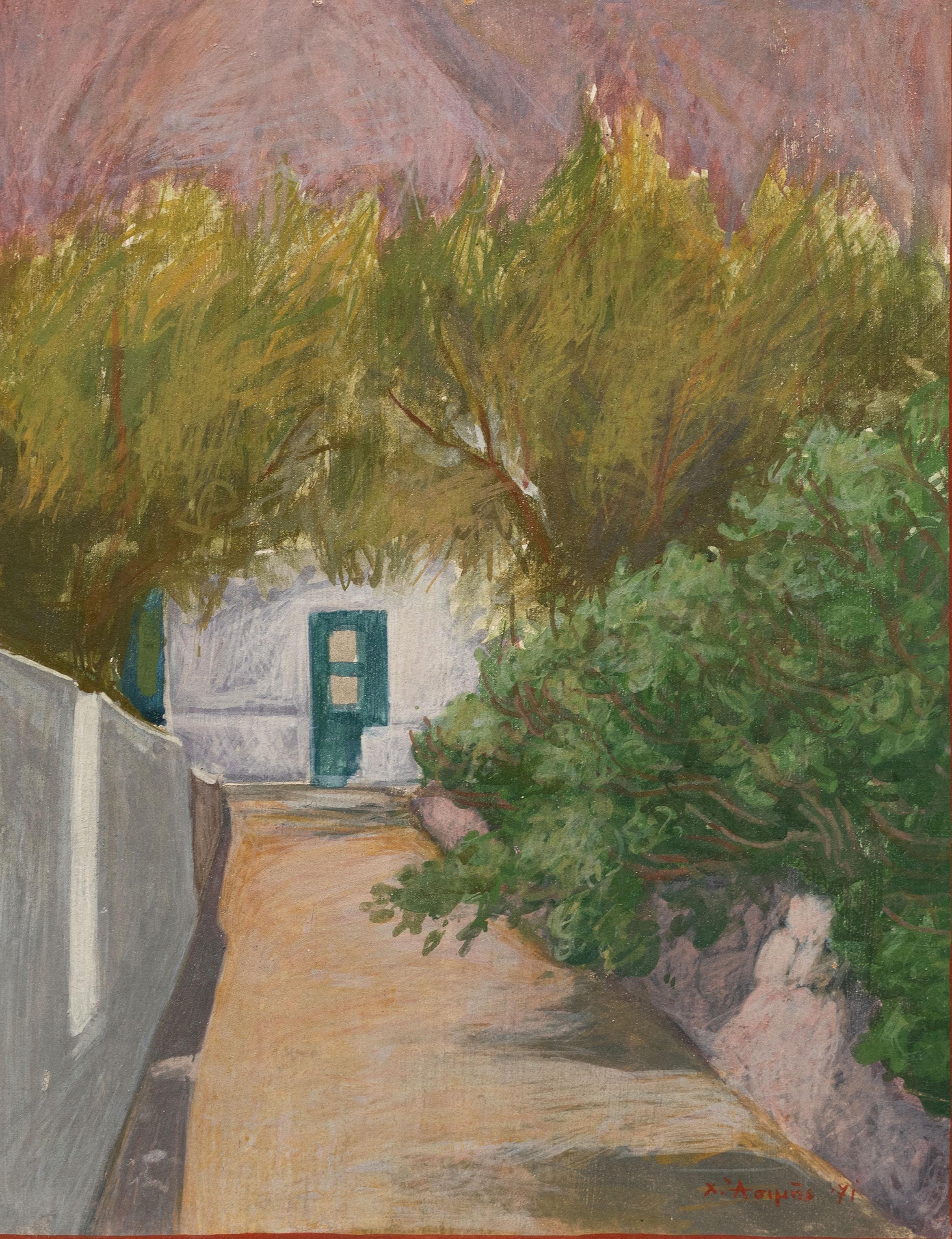 Signed Greek Impressionist Cypress Landscape Framed Original Oil Painting For Sale 1