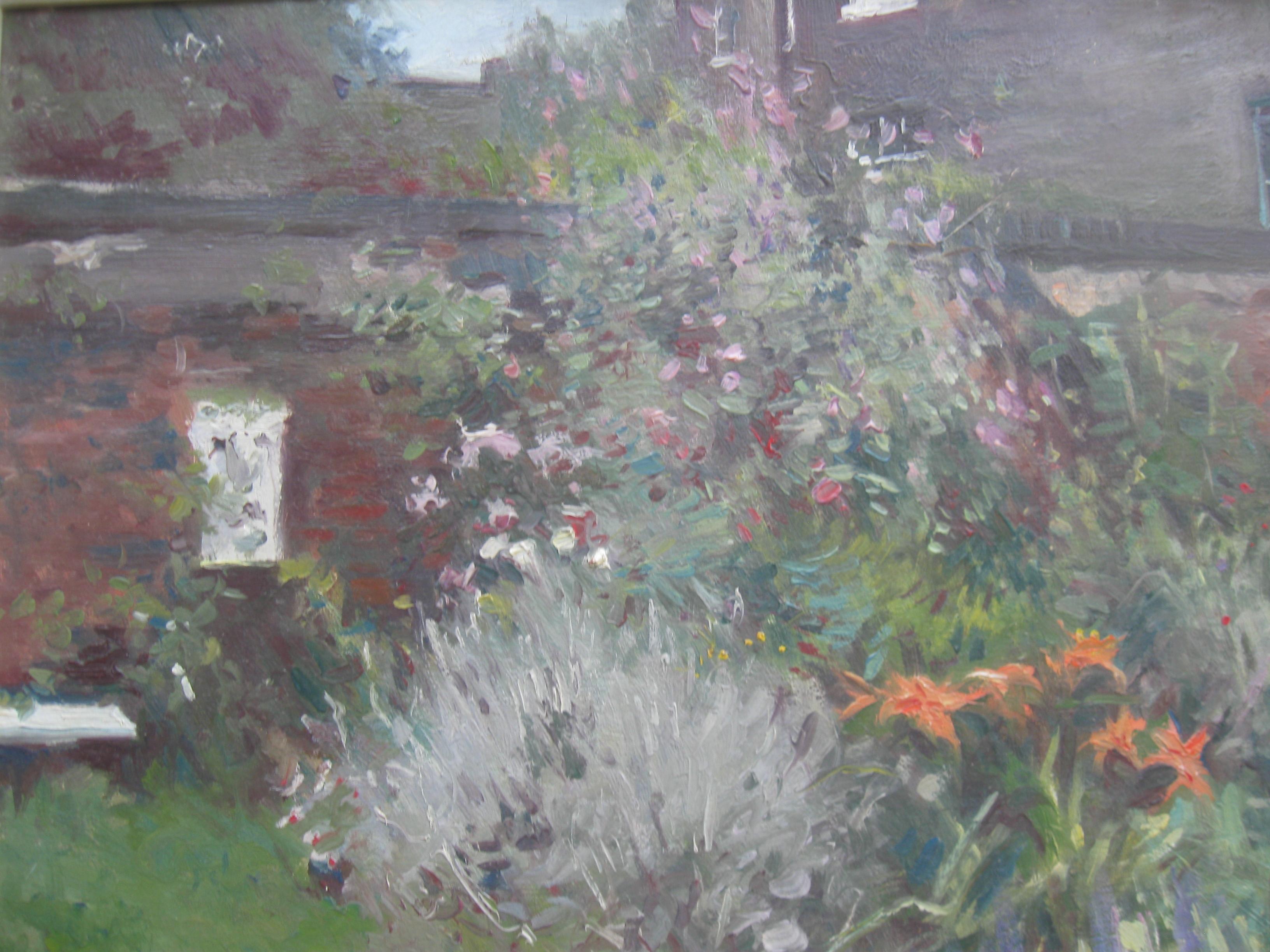 Signed Impressionist : 'Garden Study' , oil circa 1950's.  - Gray Landscape Painting by Unknown