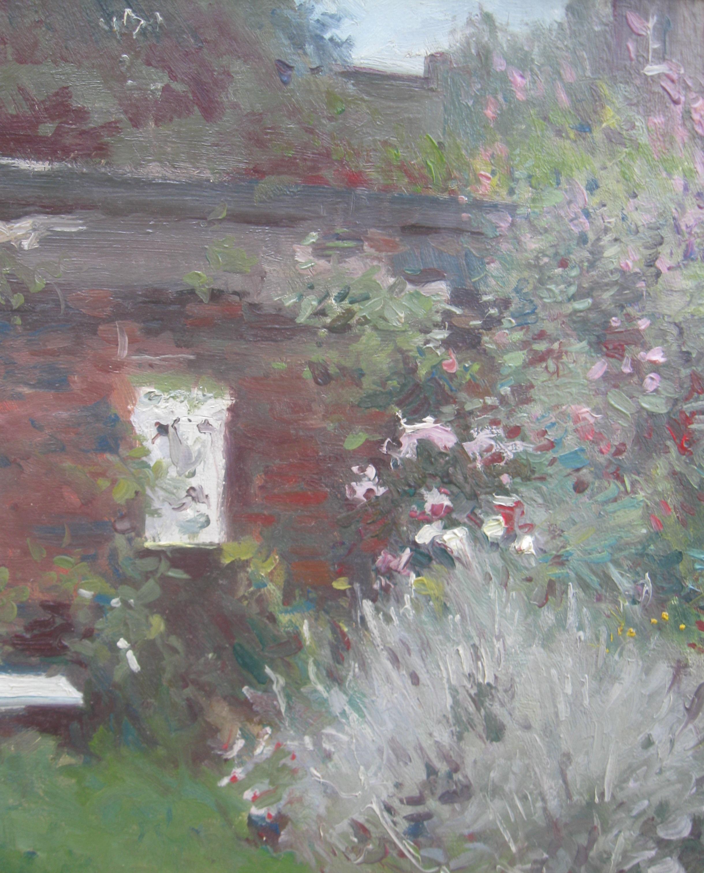 Impressionniste signé : 'Garden Study' , huile vers 1950.  - Gris Landscape Painting par Unknown
