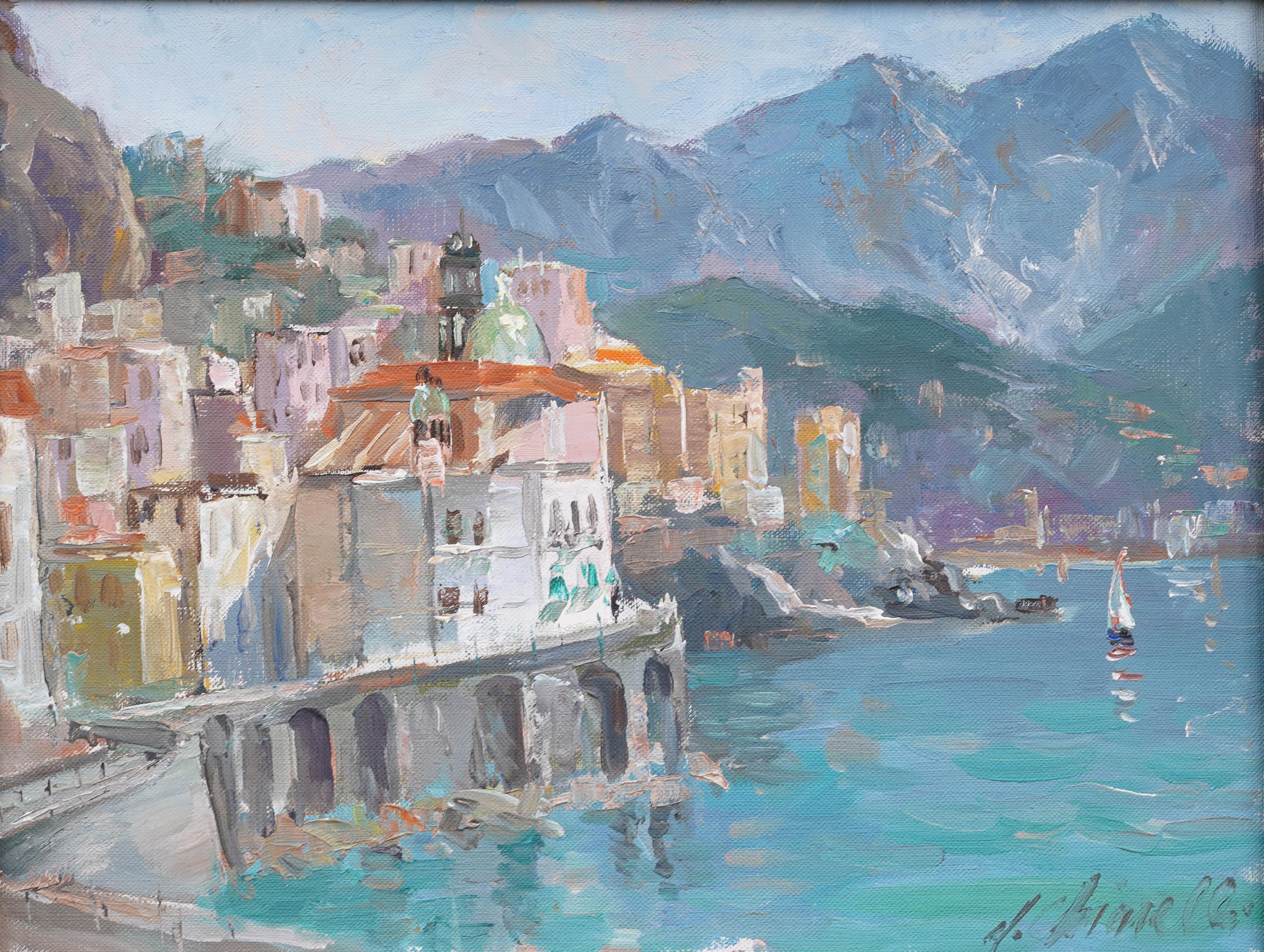 Signed Impressionist Italian Oil Painting of Lake Como Framed Original  For Sale 1