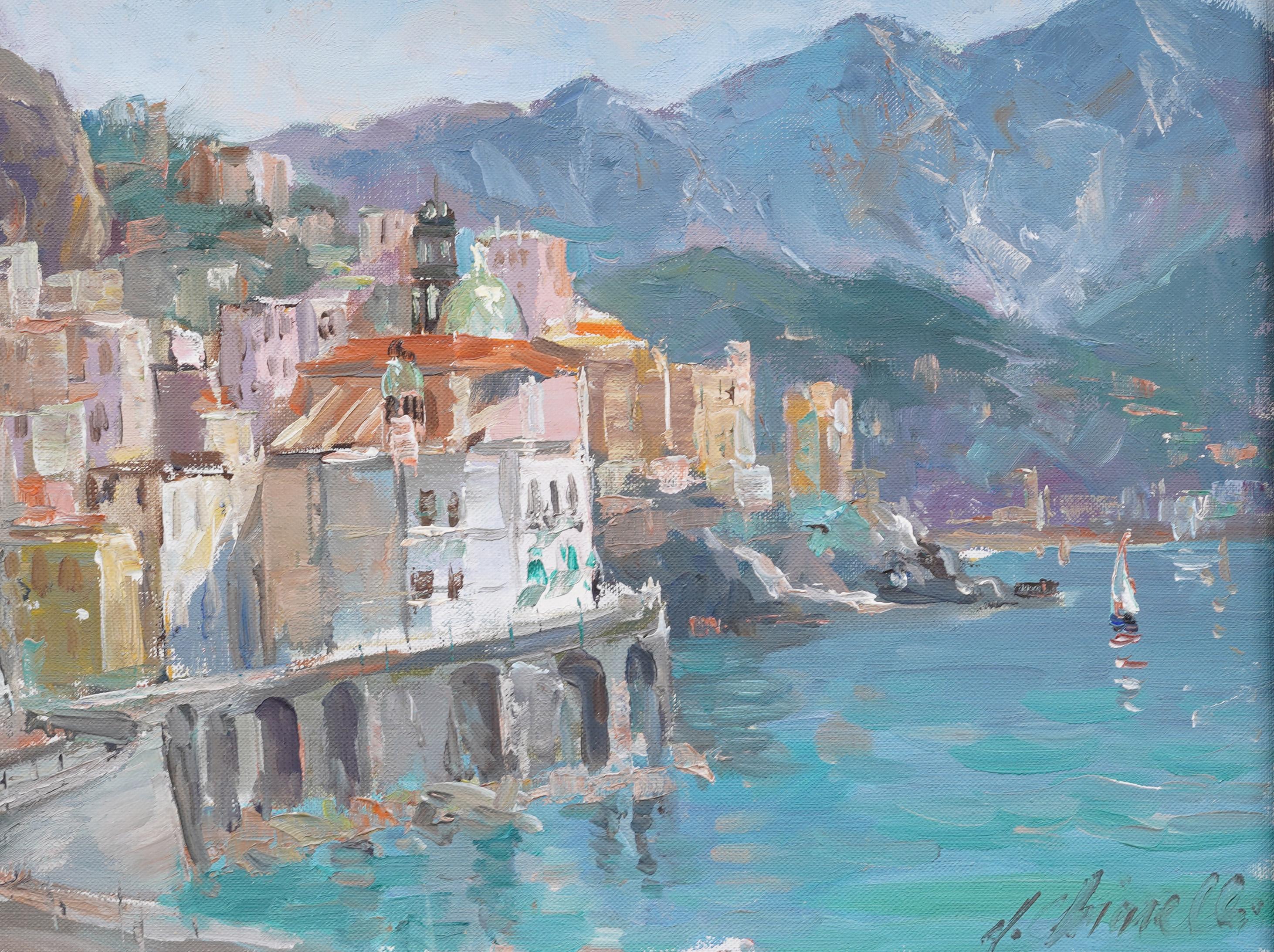 Peinture impressionniste du milieu du siècle représentant le lac de Como, en Italie.  Huile sur toile.  Signé.  Encadré.  