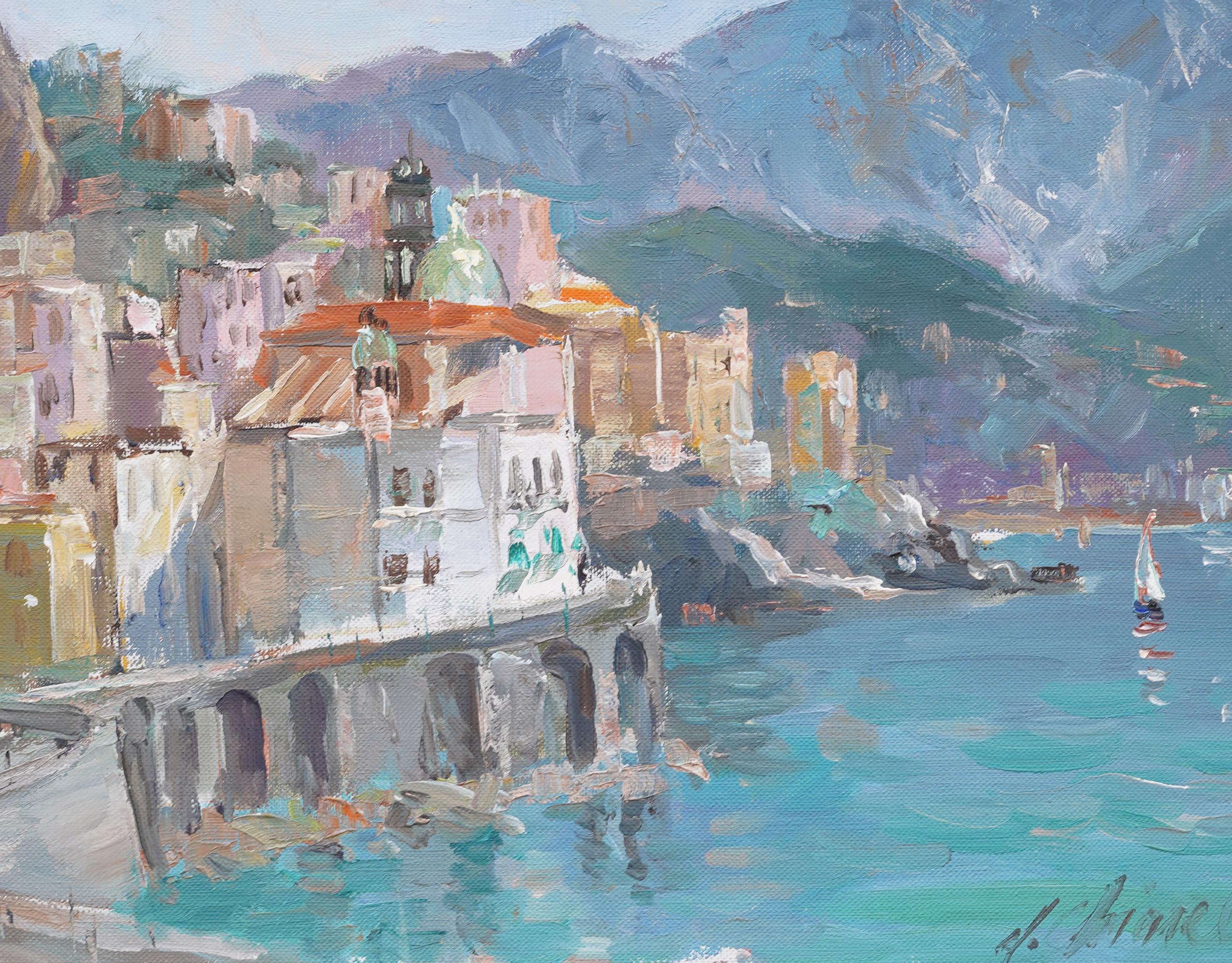 Peinture à l'huile impressionniste italienne du lac de Como, signée, encadrée Original  en vente 1