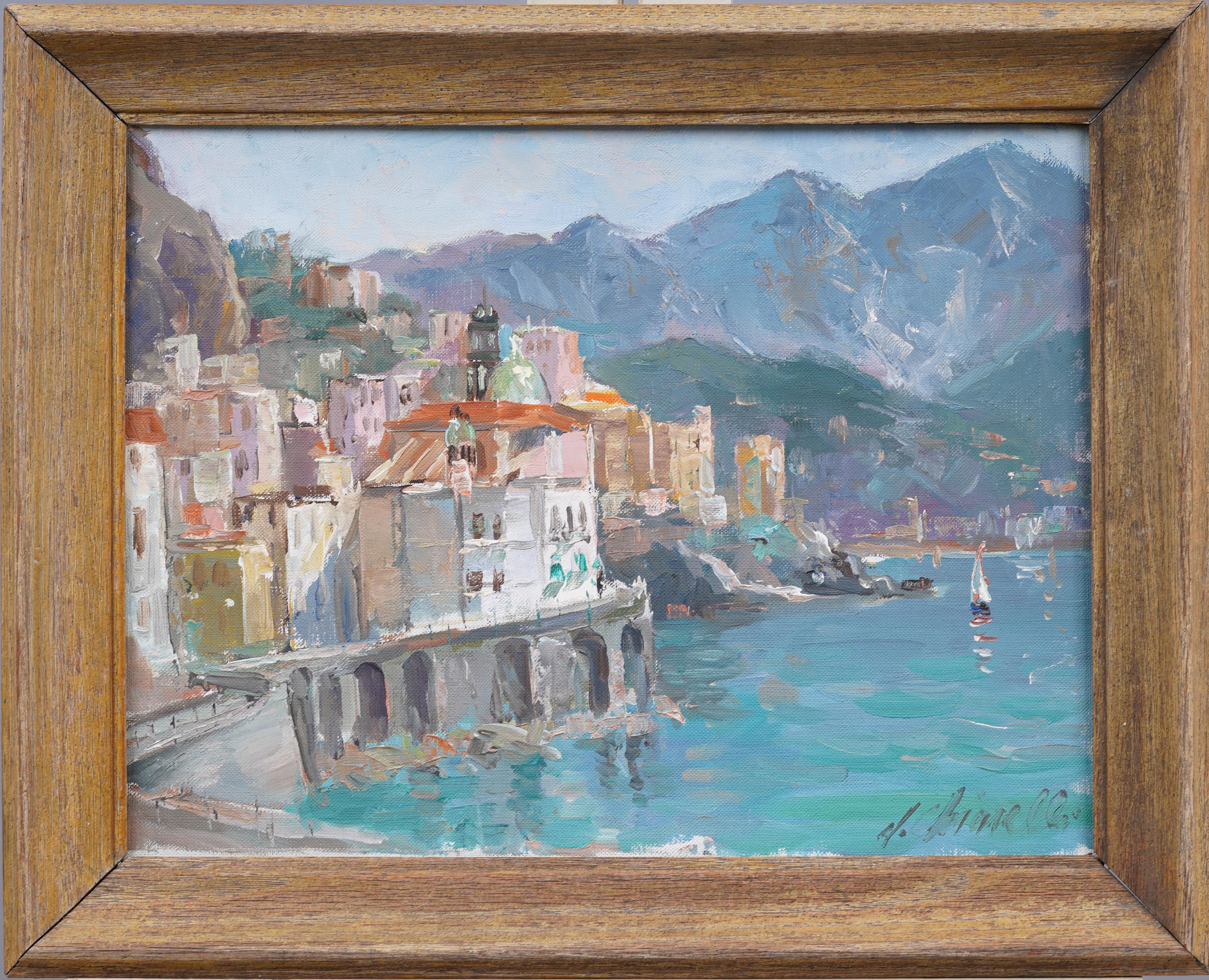 Abstract Painting Unknown - Peinture à l'huile impressionniste italienne du lac de Como, signée, encadrée Original 