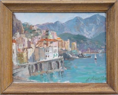 Quadro a olio impressionista del lago di Como con cornice, firmato e originale 