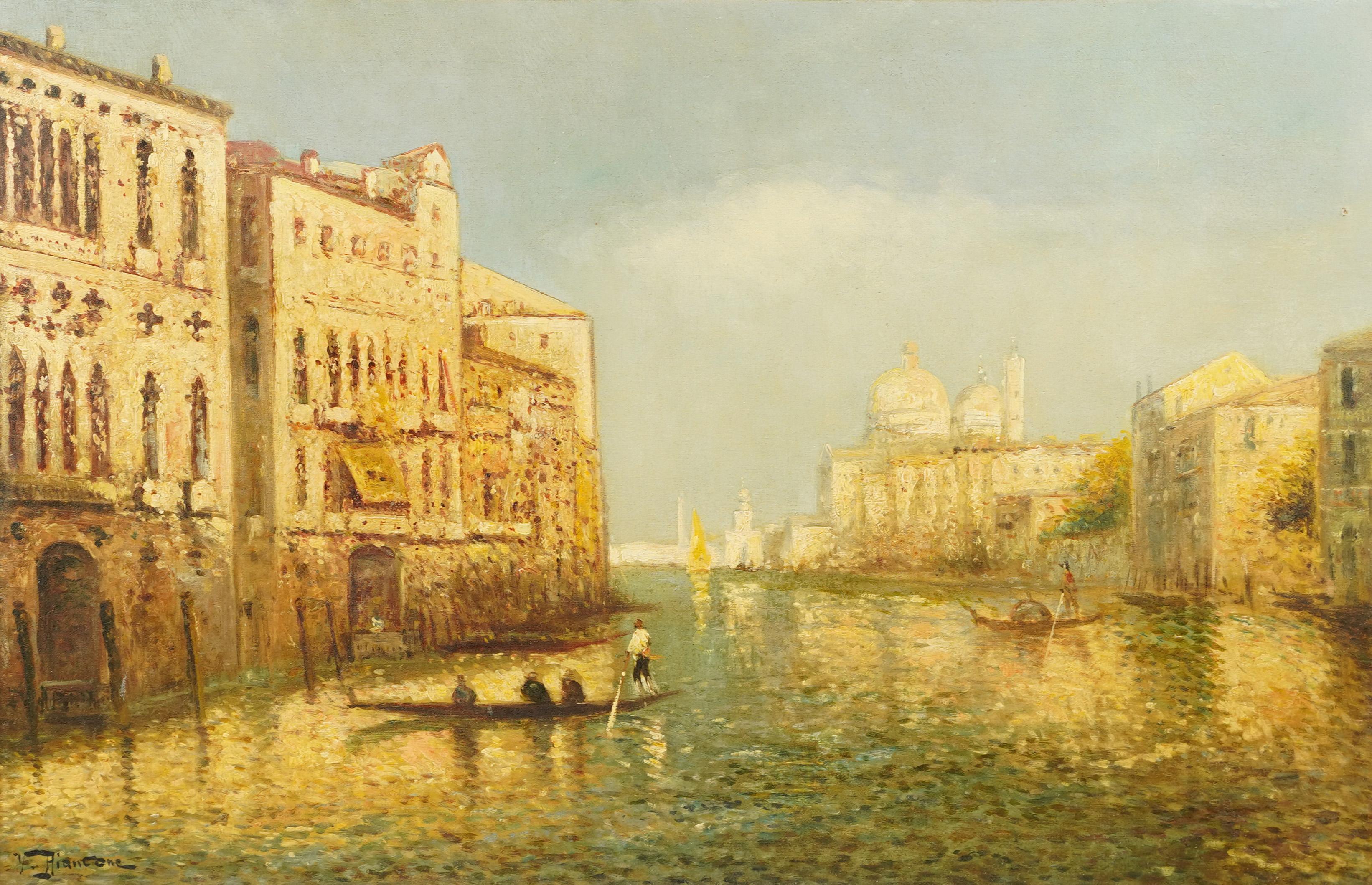 Antique Italian oil painting of Venice.  Oil on canvas.  Signed.  Framed.  Image size, 31L x 21H.
