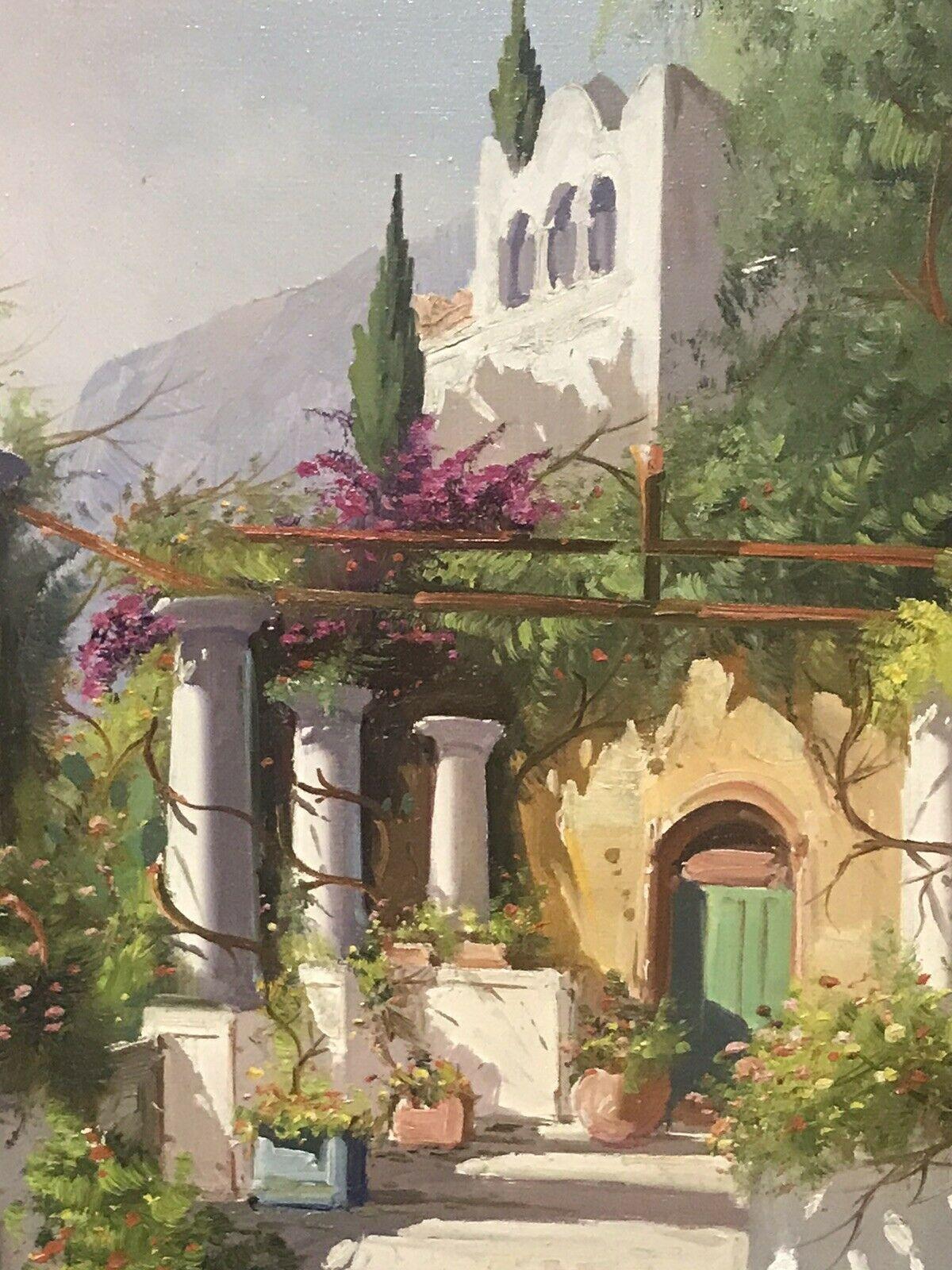 SIGNED ITALIAN OIL VERANDAH TERRACE ORNATE VILLAS & BUILDINGS WITH PERGOLA - Brown Figurative Painting by Unknown