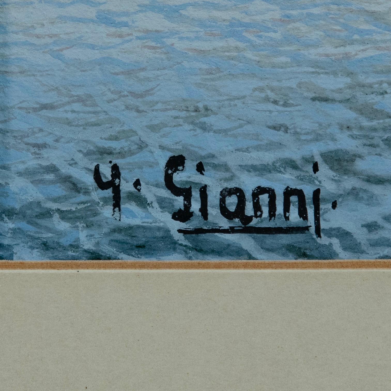Schönes und spannendes Temperagemälde des großen Künstlers der Posillipo-Schule Girolamo Gianni.
Es zeigt eine eindrucksvolle Ansicht des Golfs von Neapel mit dem Vesuv und dem Castel Sant'Elmo im Hintergrund.
Im Vordergrund erscheinen stattdessen