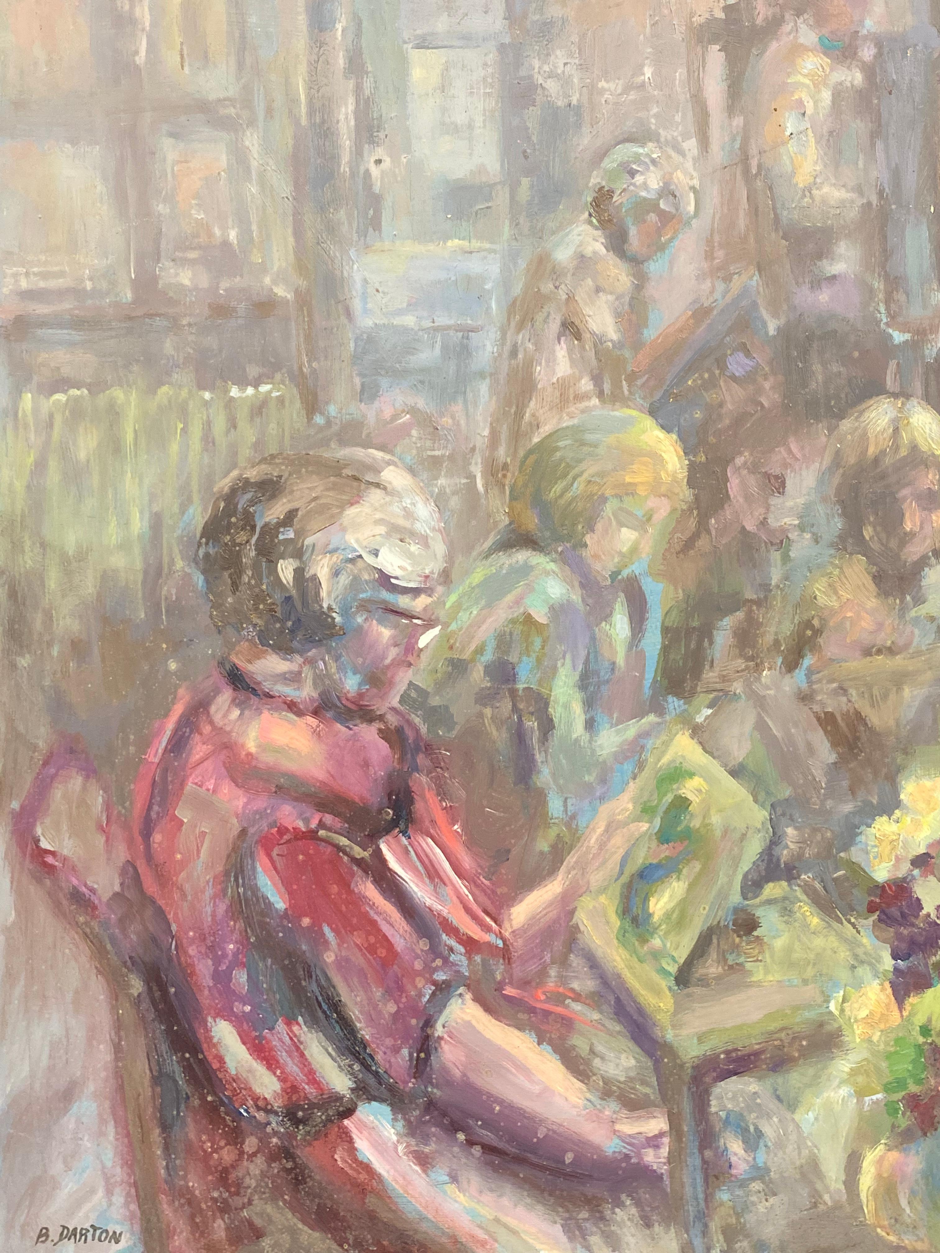 Signed Large 1960's British Original Oil Painting, Figures Reading - Brown Figurative Painting by Unknown