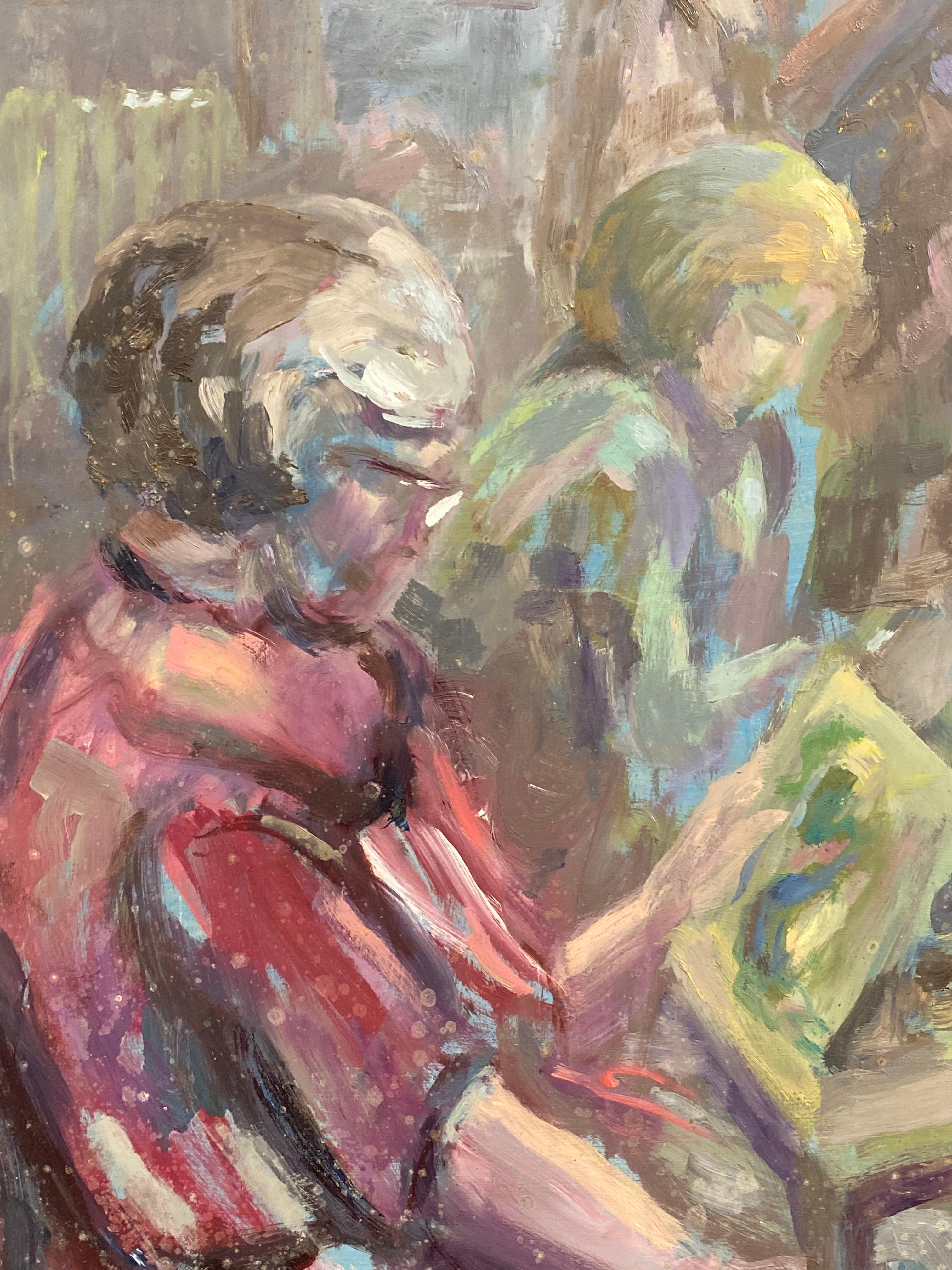 Signed Large 1960's British Original Oil Painting, Figures Reading For Sale 1