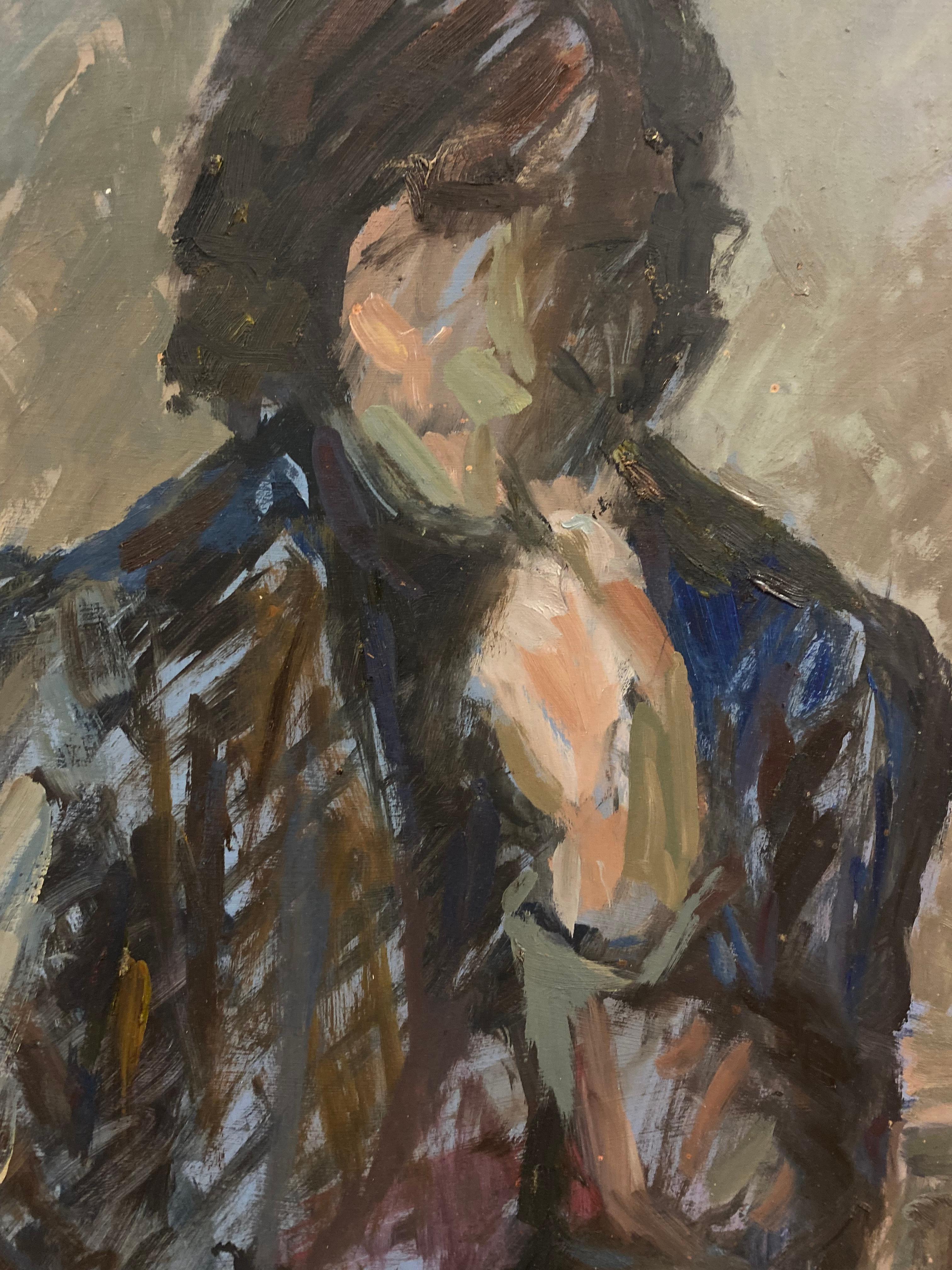 Signed Large 1960's British Original Oil Painting, the Man in the Blue Suit - Gray Figurative Painting by Unknown