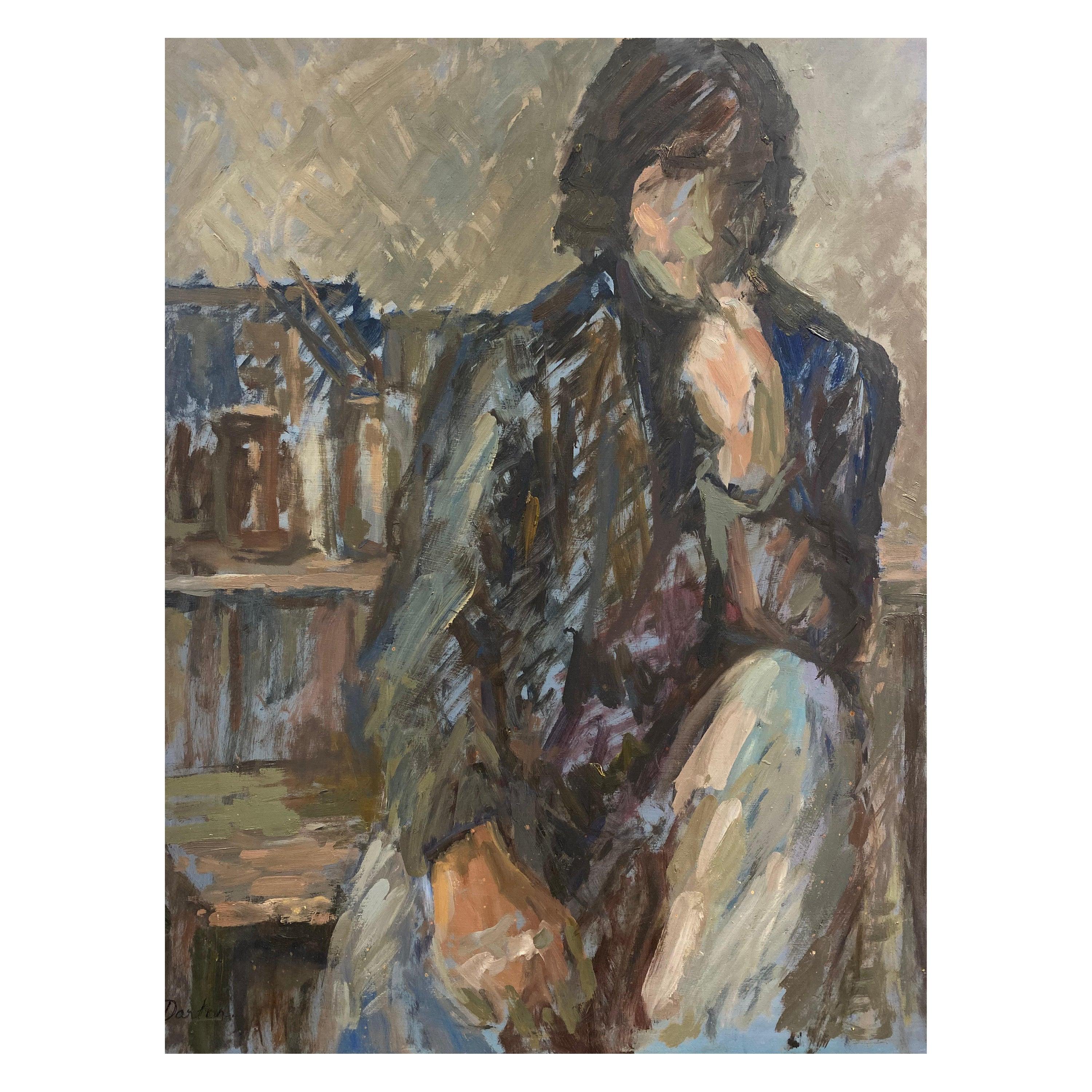 Unknown Figurative Painting - Signed Large 1960's British Original Oil Painting, the Man in the Blue Suit
