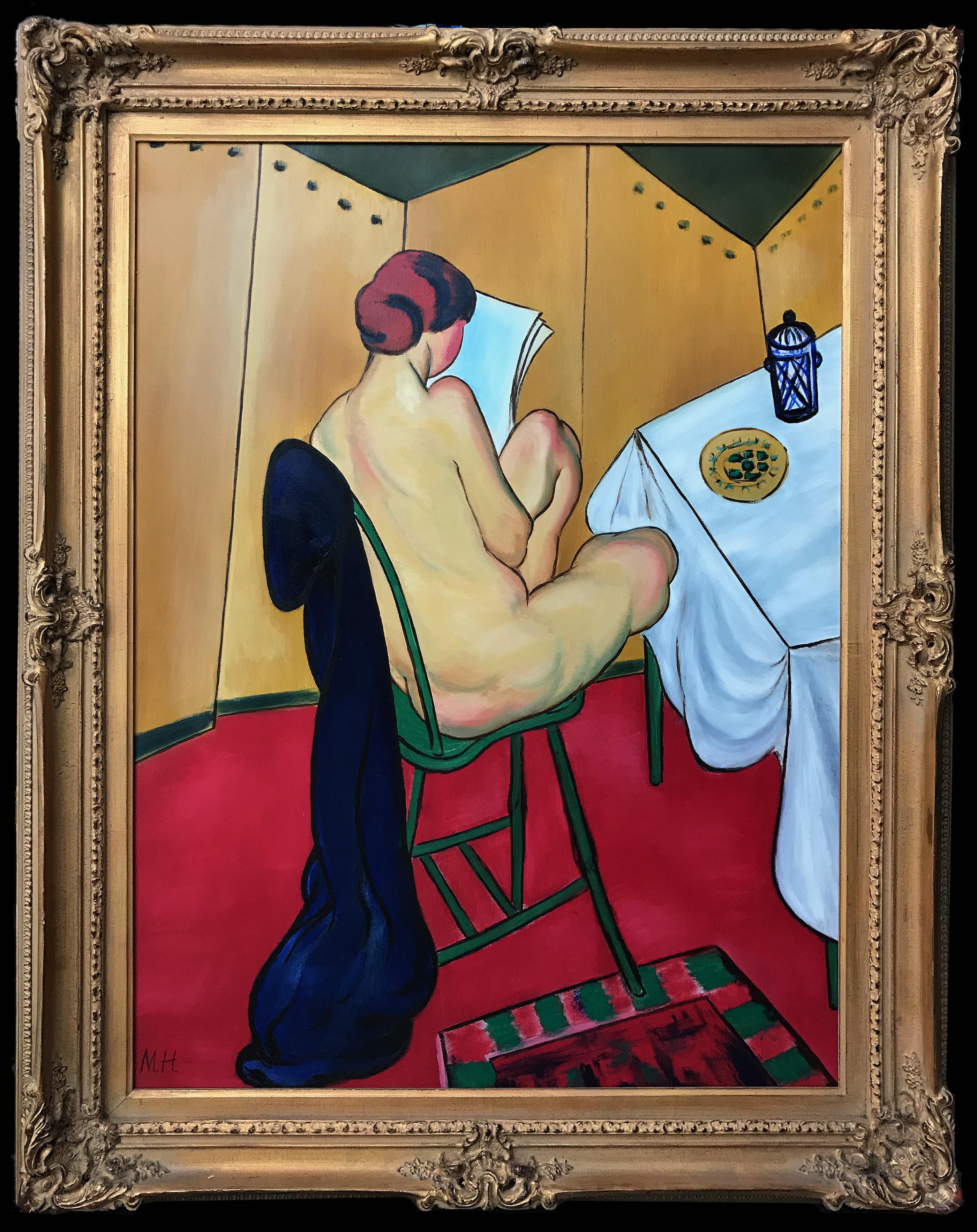signed M.H; Nude reading; oil on canvas - Painting by Unknown