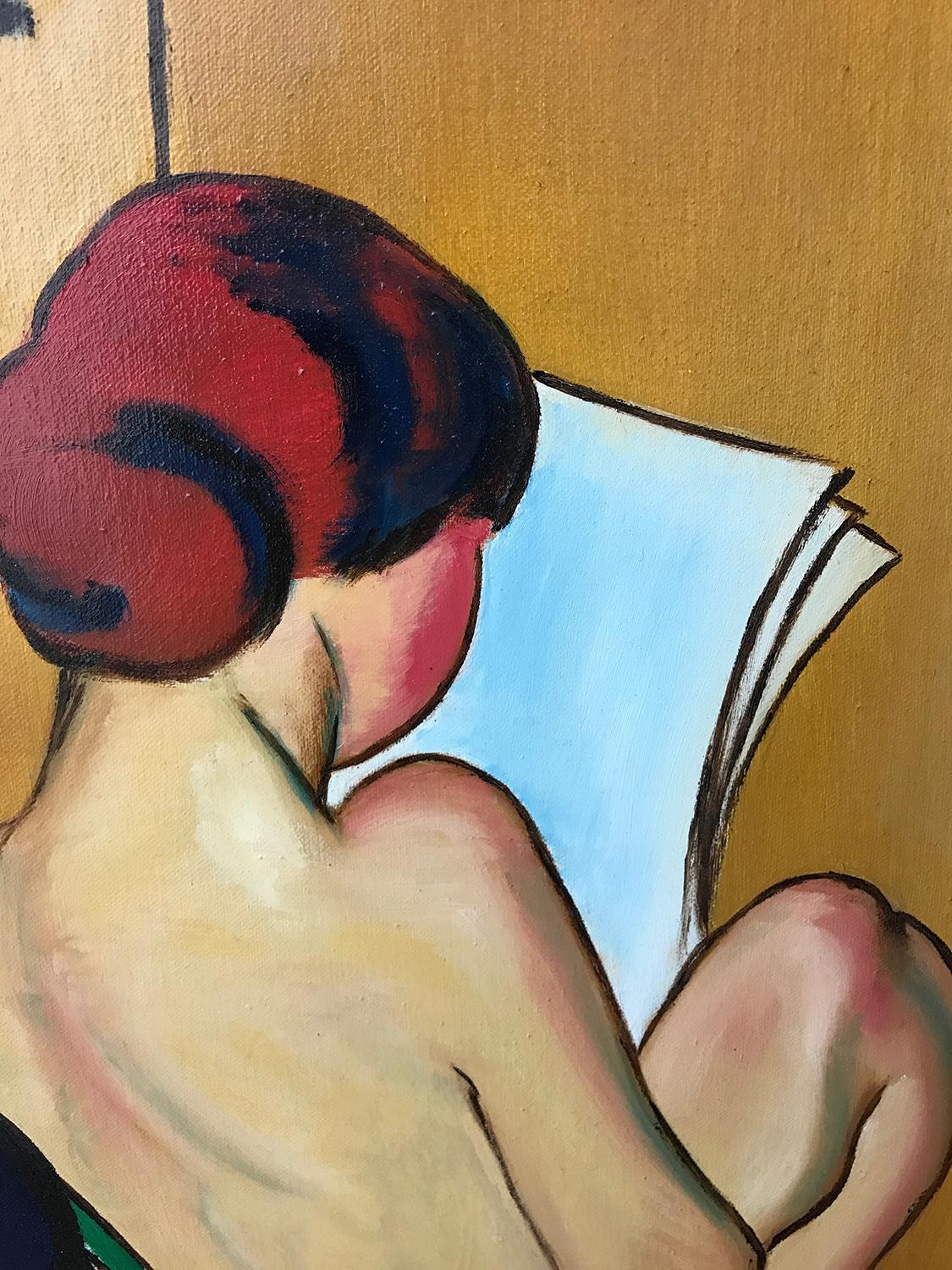 signed M.H; Nude reading; oil on canvas - Brown Nude Painting by Unknown