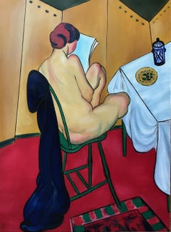 signed M.H; Nude reading; oil on canvas