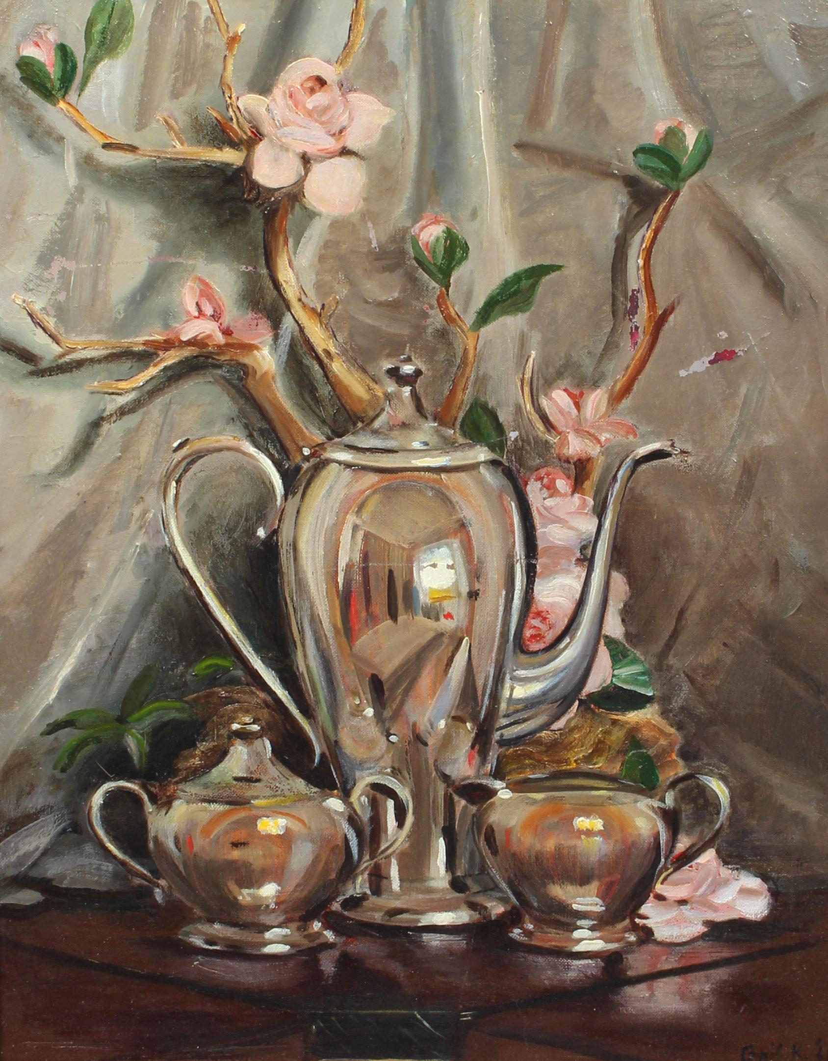 Signed Mid Century Vintage Still Life of Flowers and a Silver Tea Set - Painting by Unknown