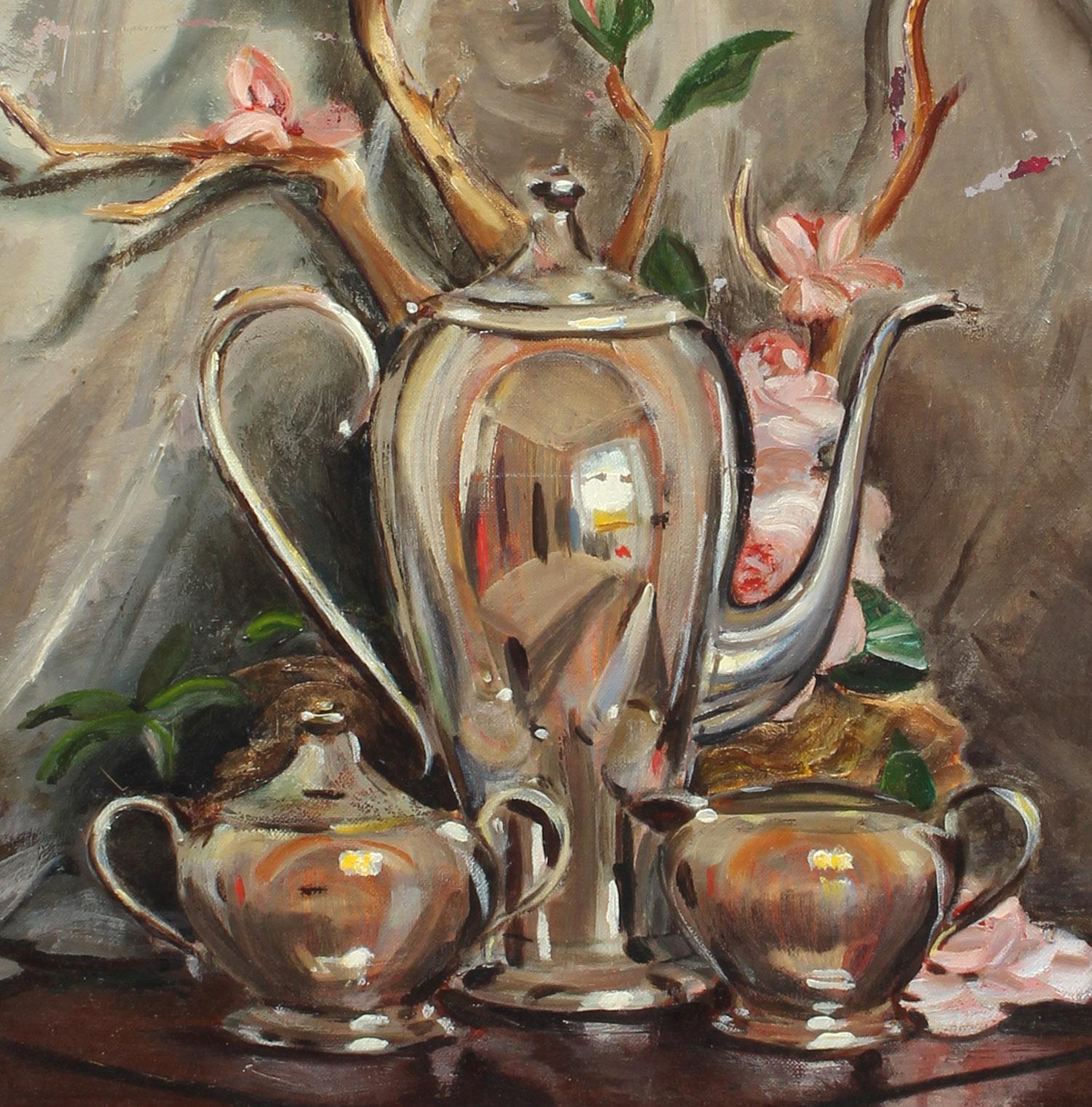 Signed Mid Century Vintage Still Life of Flowers and a Silver Tea Set - Impressionist Painting by Unknown