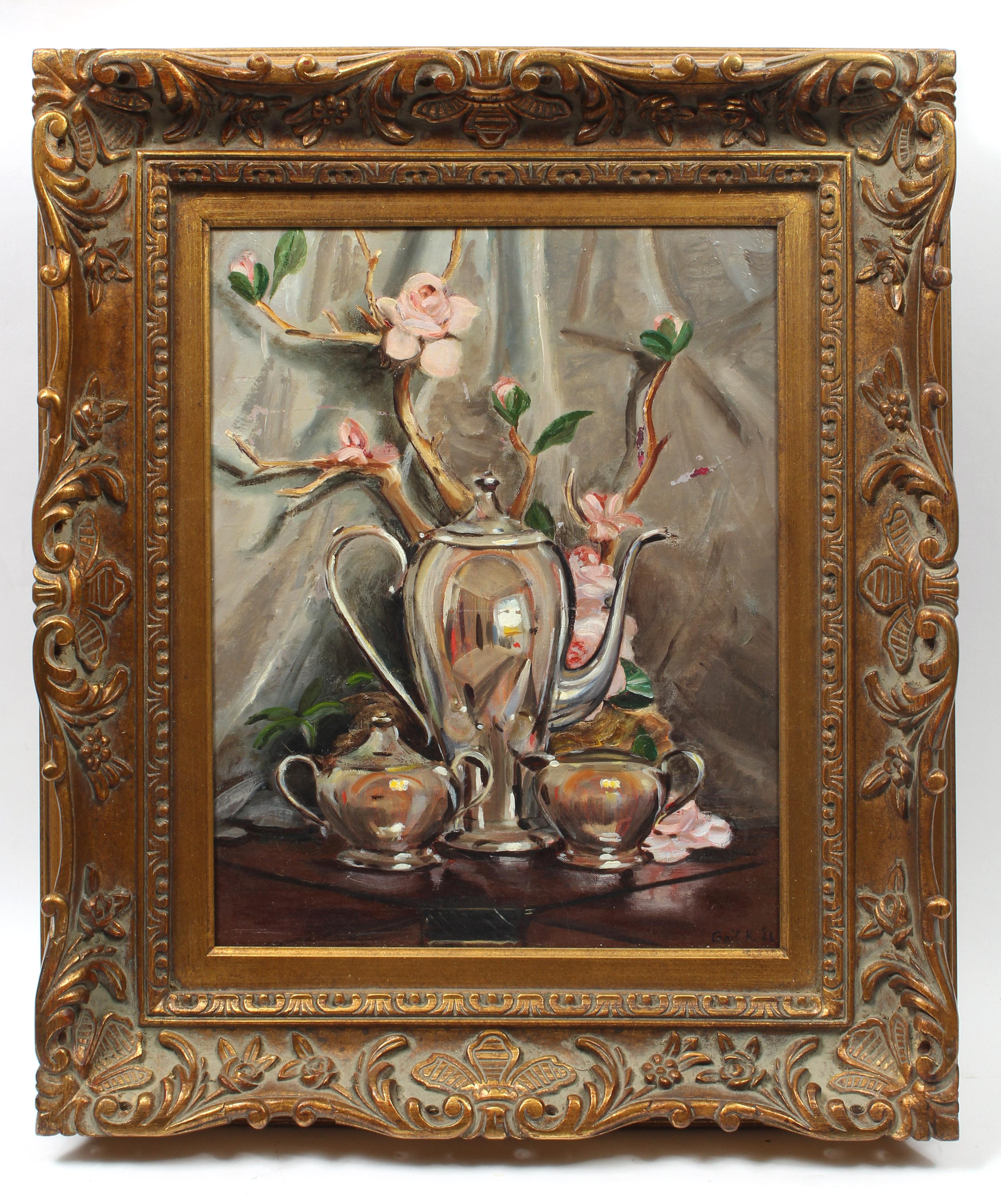 Unknown Still-Life Painting - Signed Mid Century Vintage Still Life of Flowers and a Silver Tea Set