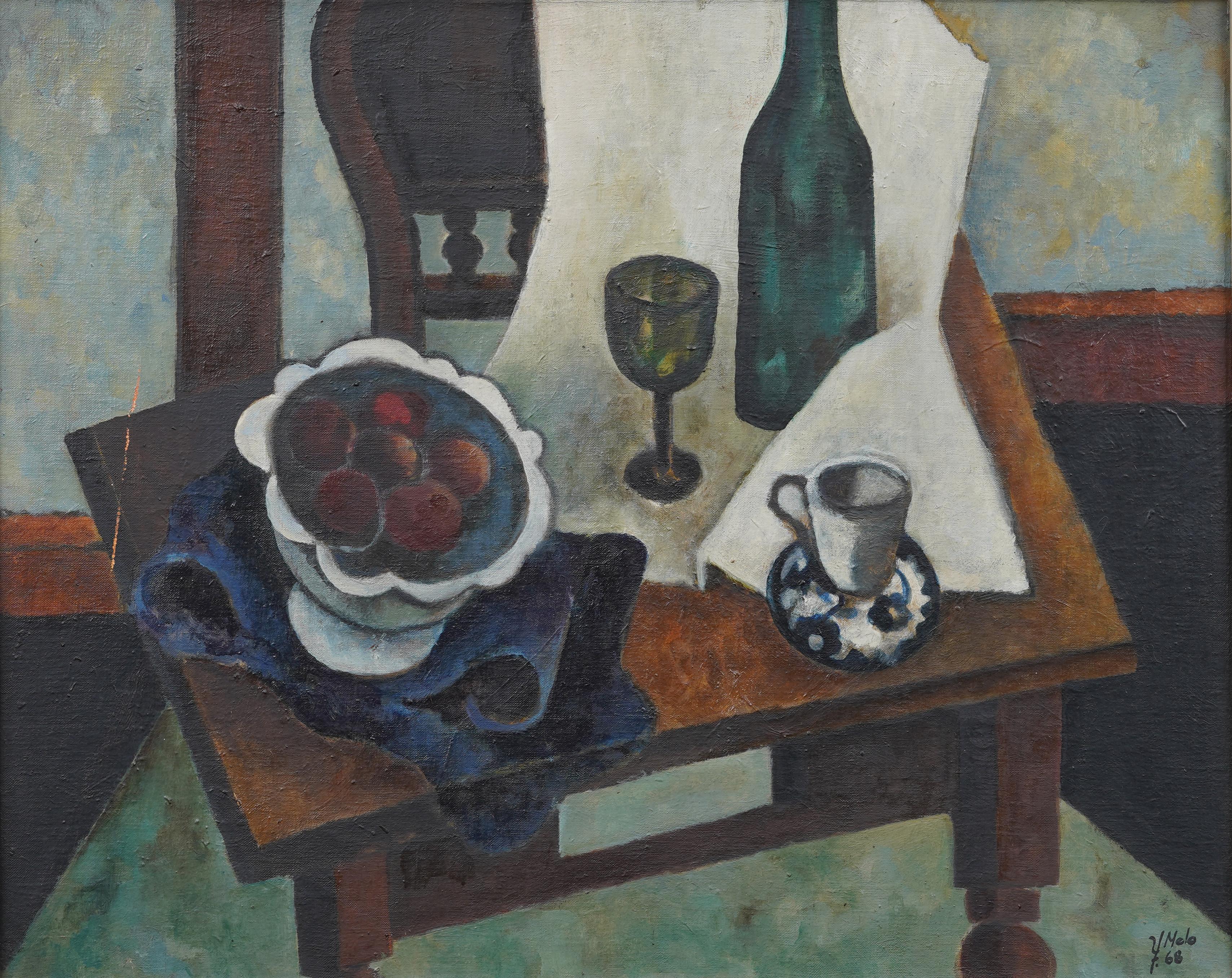 Nature morte cubiste signée du milieu du siècle Scène de table intérieure avec fruits Peinture à l'huile - Cubisme Painting par Unknown
