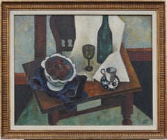 Pintura al óleo cubista firmada de mediados de siglo Naturaleza muerta Escena de mesa interior con frutas