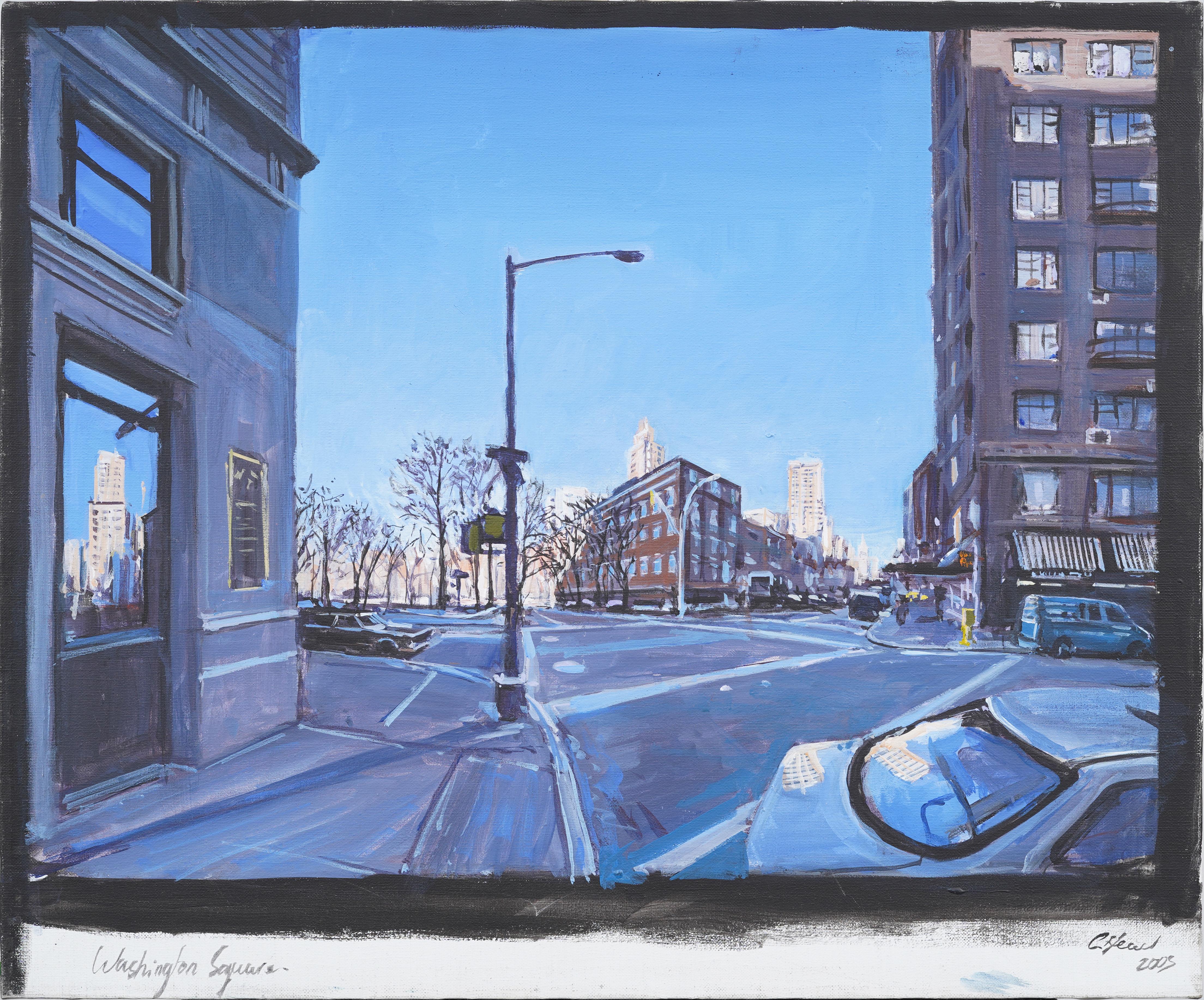 Signed Modernist New York City Street Scene Washington Square Park View Painting - Purple Abstract Painting by Unknown