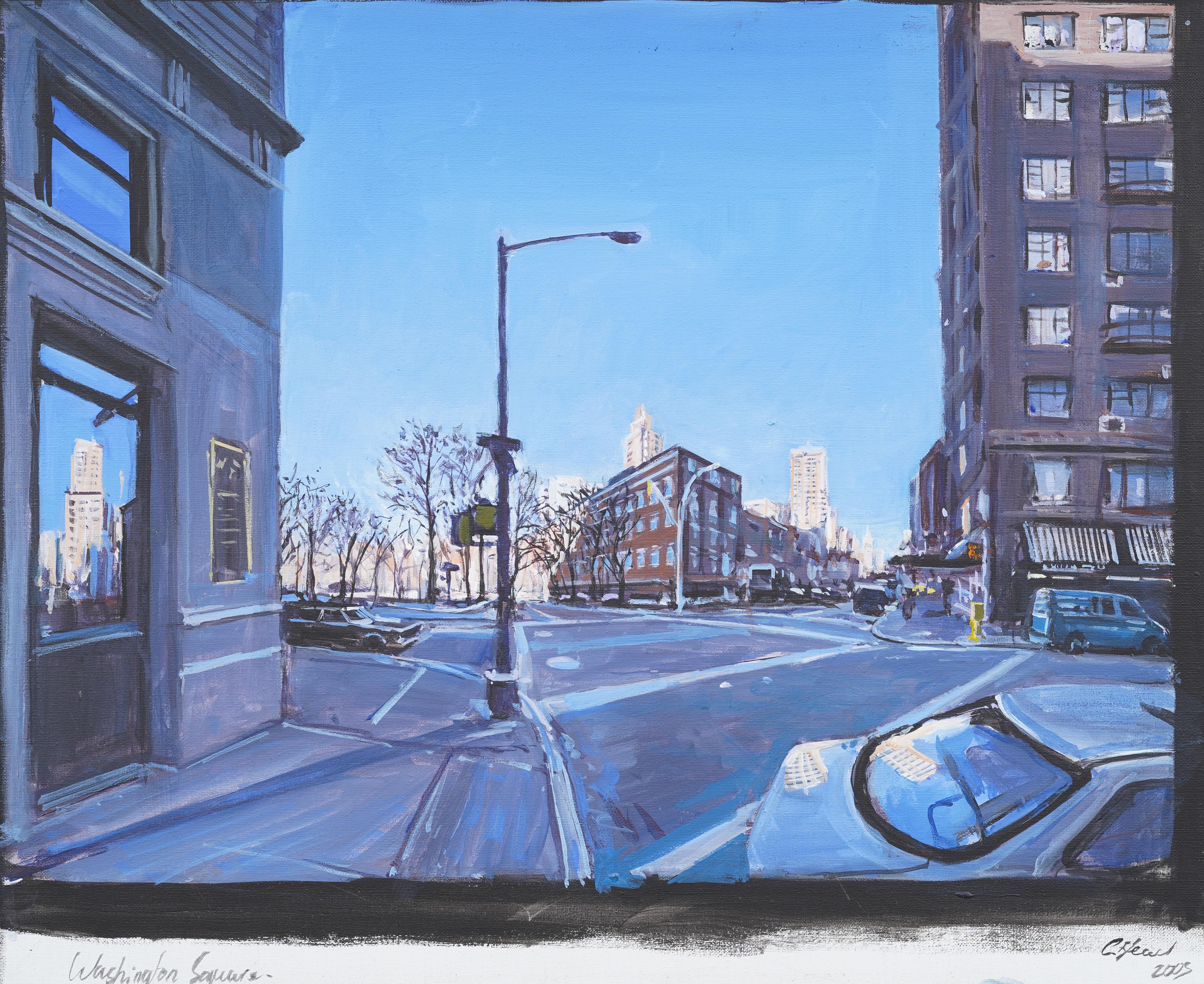 Contemporary American modernist Washington Square Park street scene oil painting. Oil on canvas.   Signed.  In excellent original condition. Excellent condition, ready to hang and enjoy. 