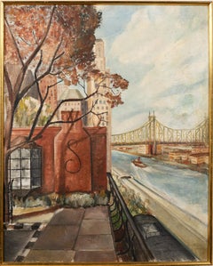 Signed New York Bridge Cityscape East River View Framed Original Oil Painting