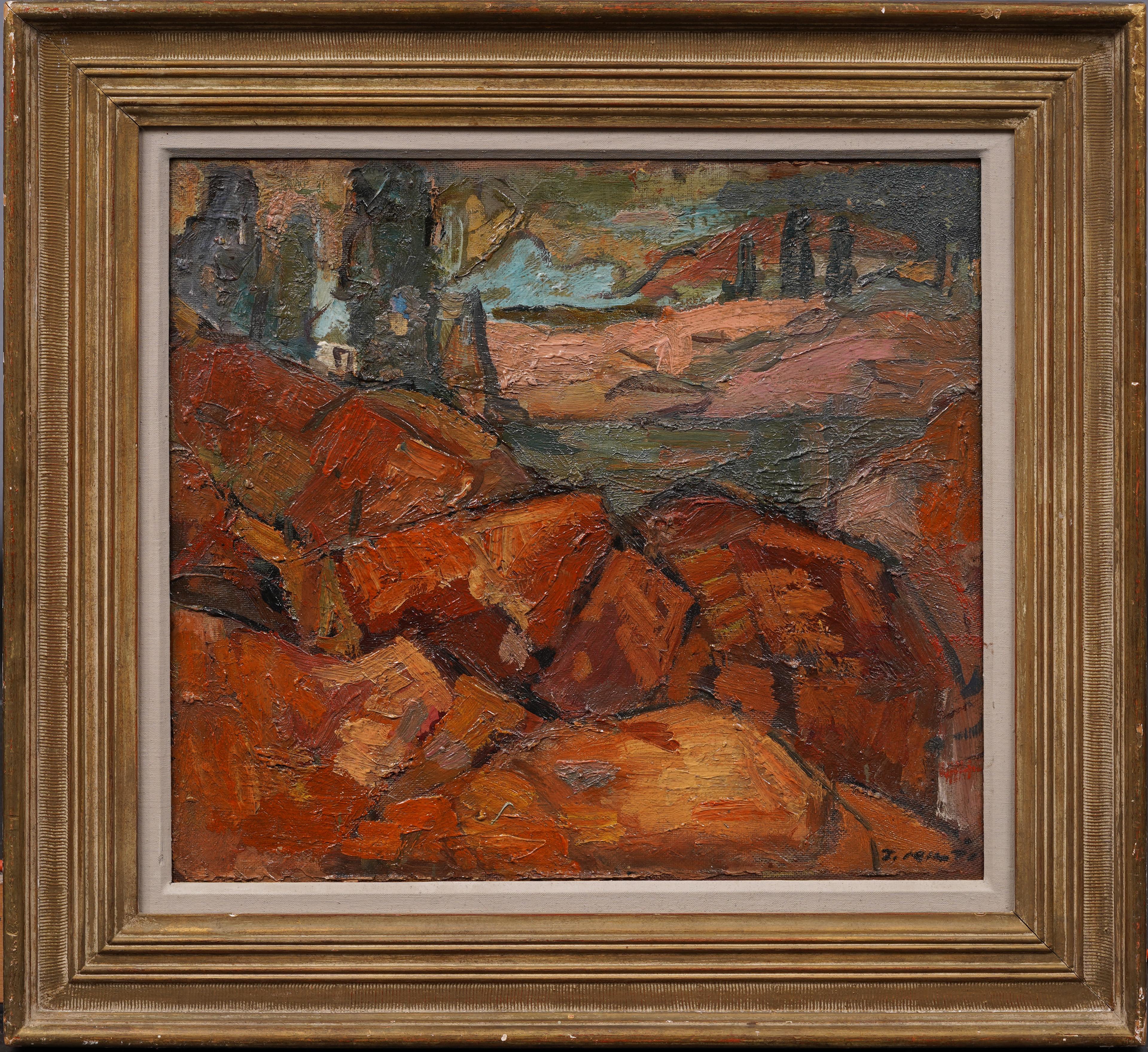 Firmato, ben incorniciato, antico dipinto ad olio di un paesaggio astratto modernista americano - Painting di Unknown