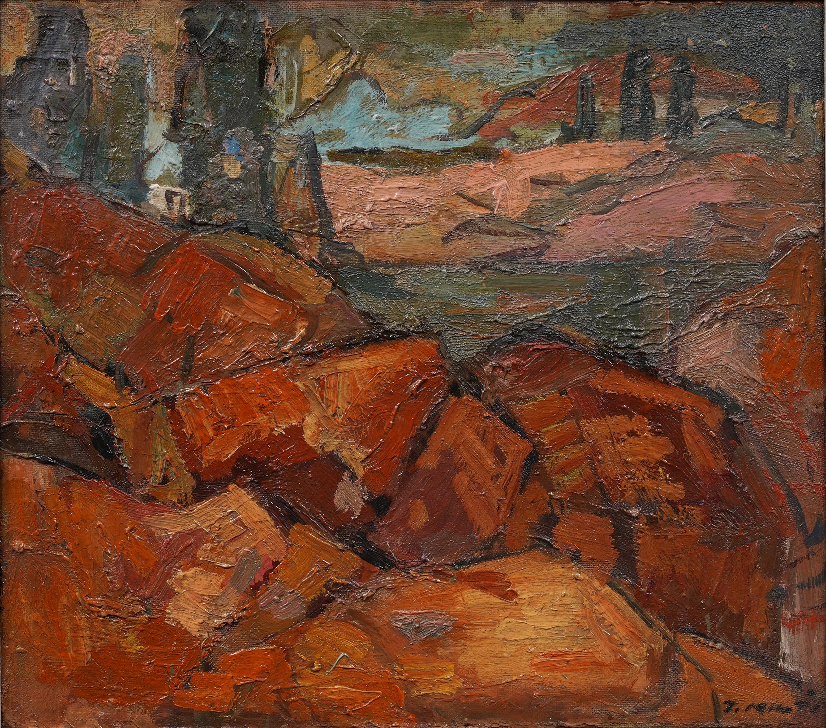 Firmato, ben incorniciato, antico dipinto ad olio di un paesaggio astratto modernista americano - Painting Moderno di Unknown
