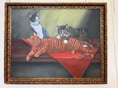 Signed Oil Painting of Three Cats, Cat Lover Wall Art, Framed Feline Portrait