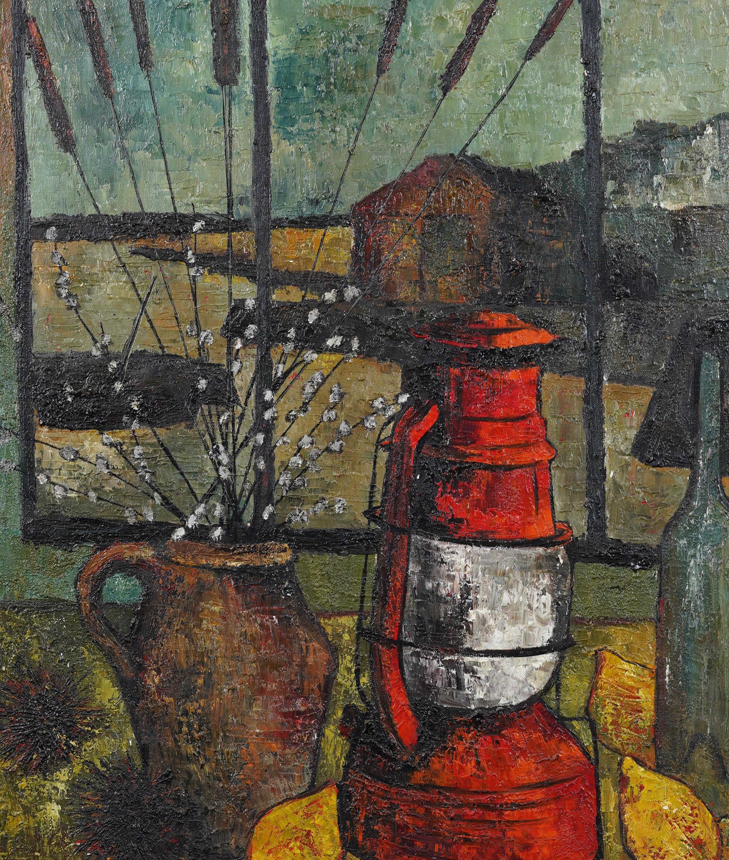 Impressionante pittura ad olio di natura morta modernista della scuola di Parigi.  Incorniciato.  Olio su tela.  Firmato.  Le dimensioni dell'immagine sono 36H per 29L e complessivamente 36 per 43 pollici.  