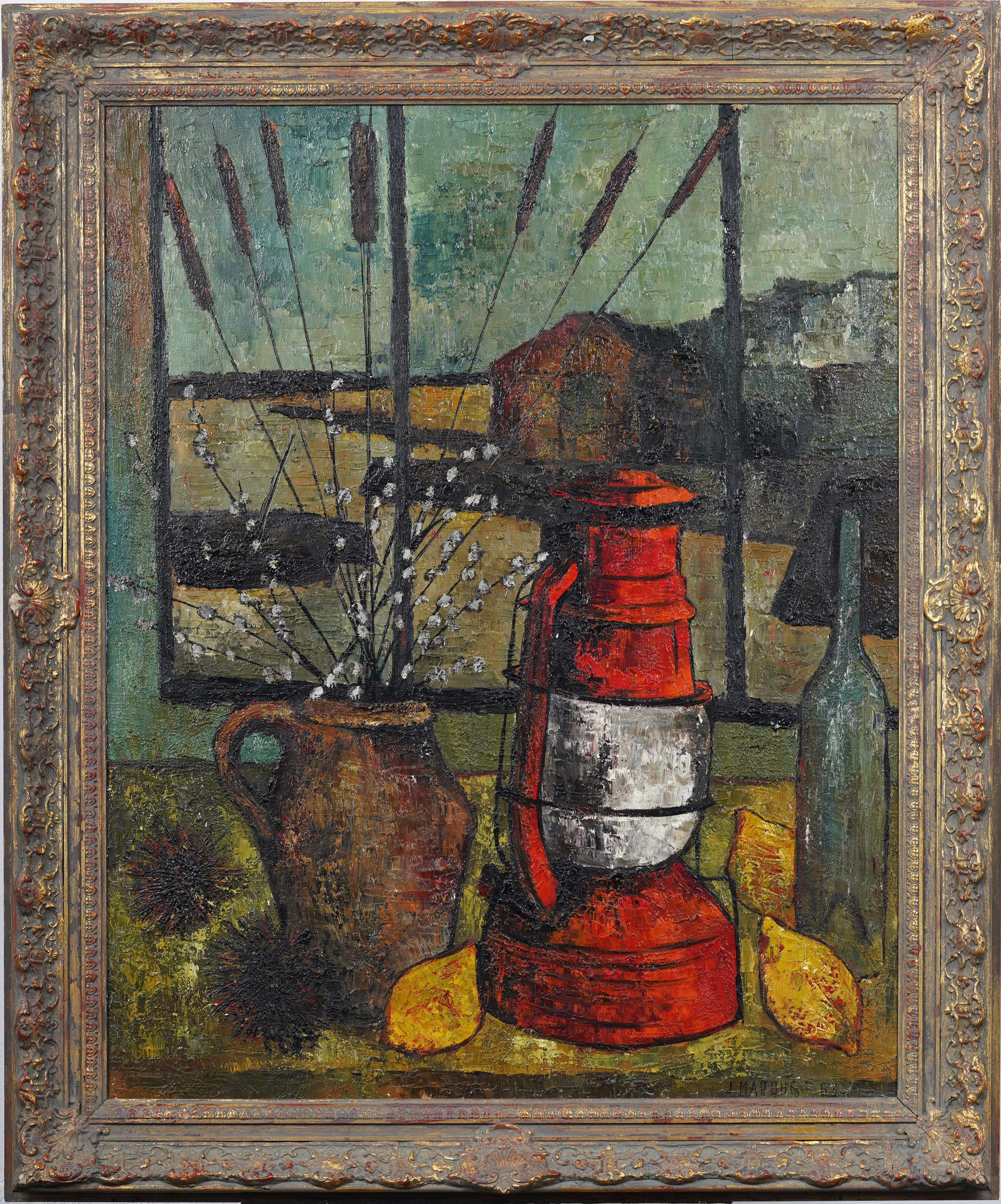 Signed Paris Modernist Framed Signed Lemons and Cattails Still Life Oil Painting