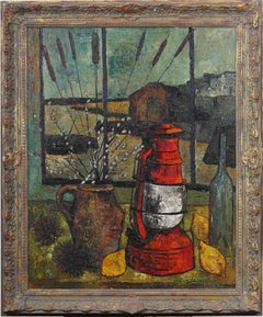 Pintura al óleo al óleo firmada Modernista de París Enmarcada Firmada Naturaleza muerta de limones y colas de gato