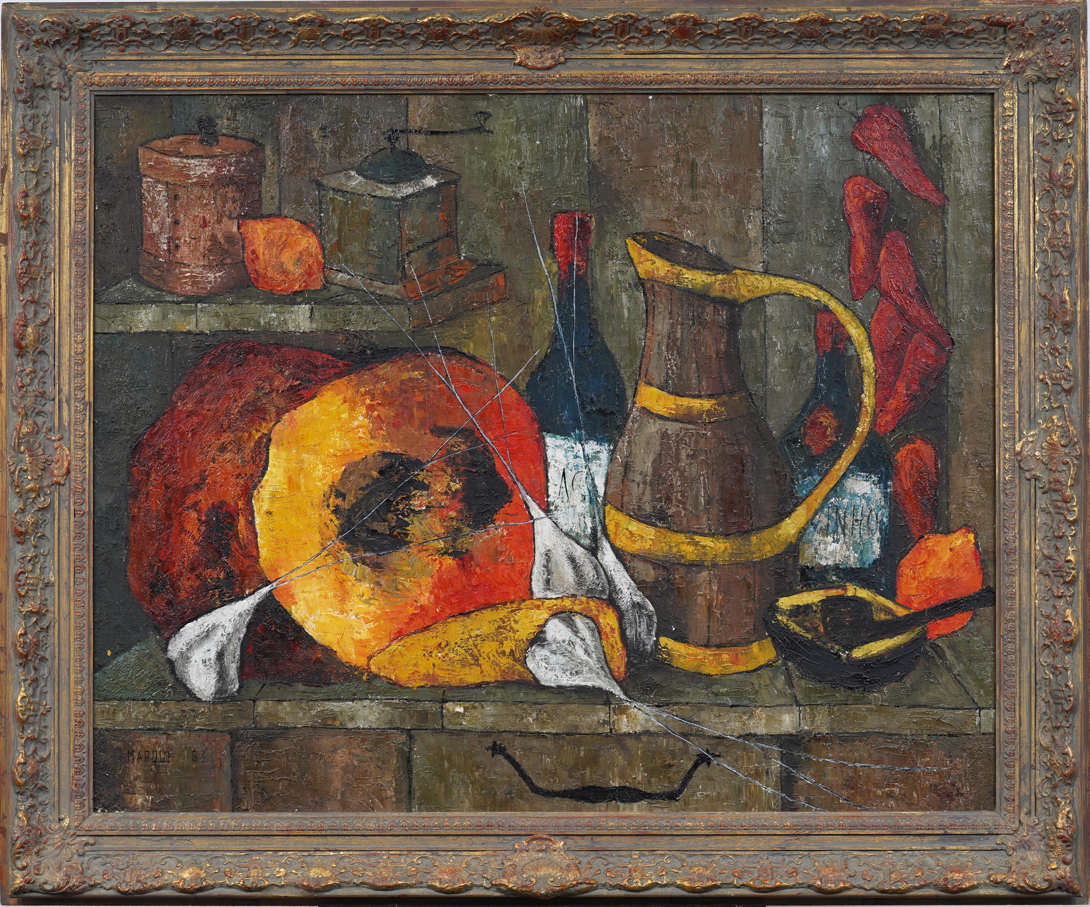 Pittura ad olio firmata Paris Modernist con cornice e firma Meloni e vino - Painting di Unknown