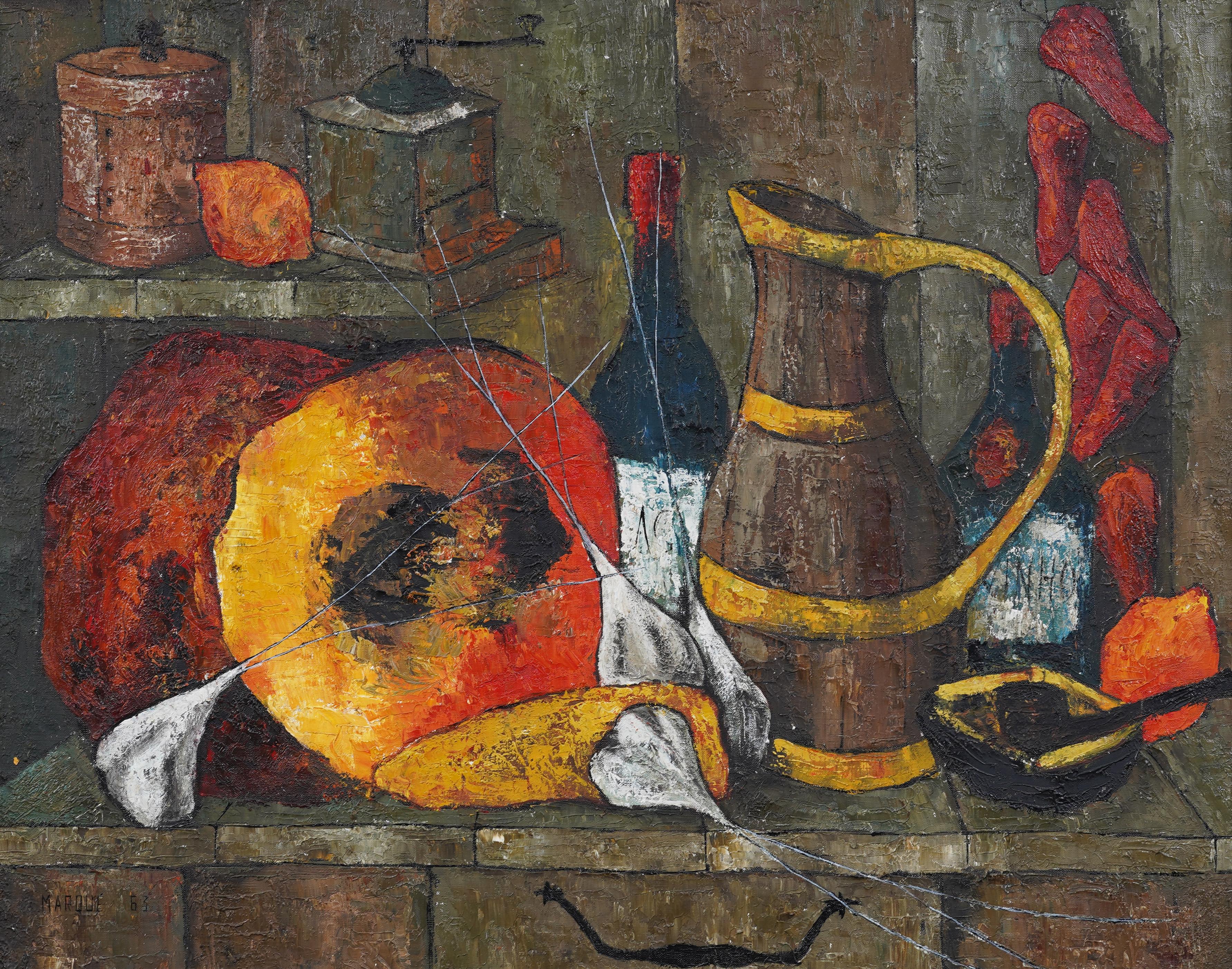 Pittura ad olio firmata Paris Modernist con cornice e firma Meloni e vino - Painting Moderno di Unknown